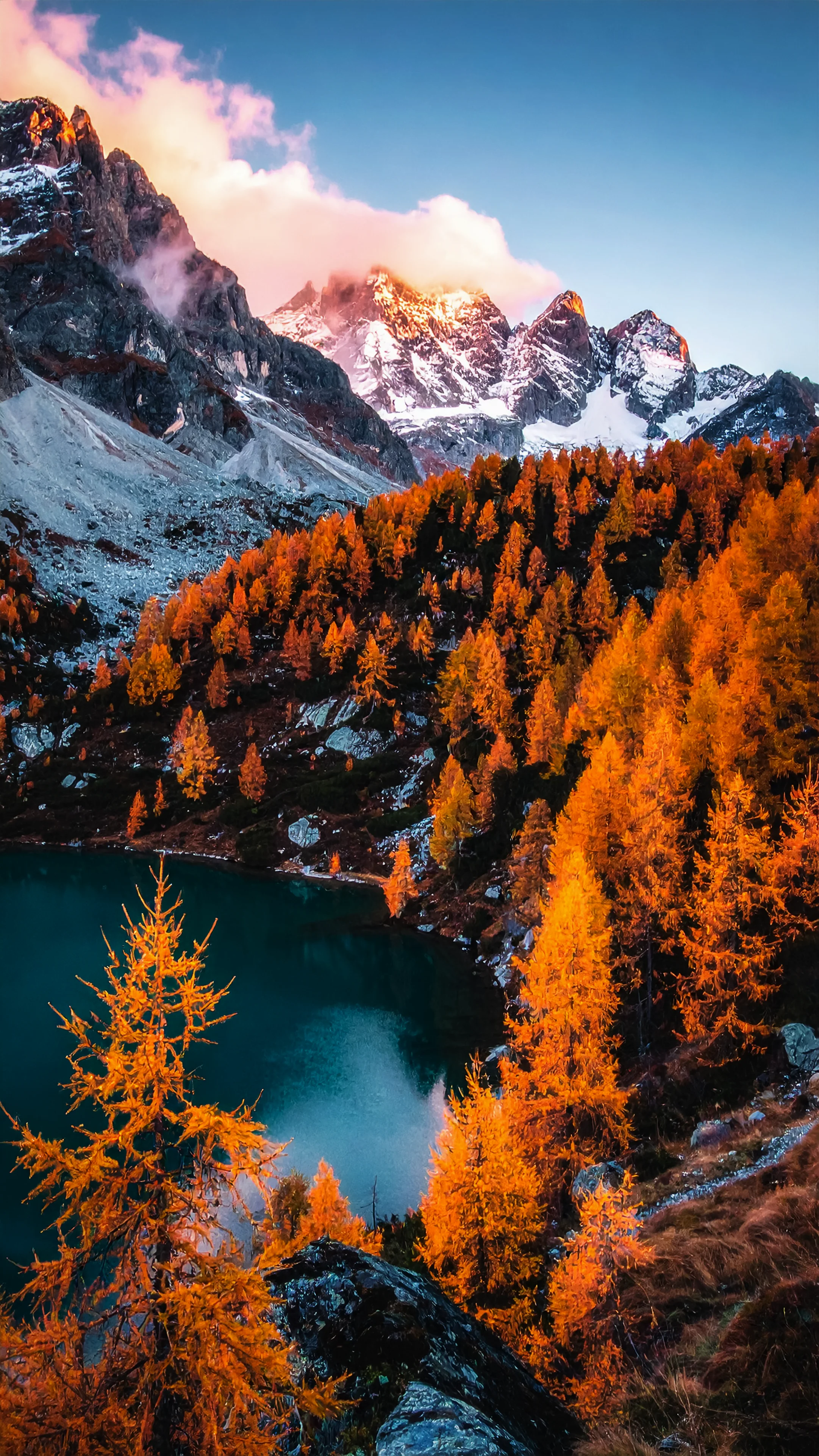 4k wallpaper for mobile Autumn Alpine Lake & Golden Larch Trees, Dramatic Dolomites Sunset with Snowy Peaks & Turquoise