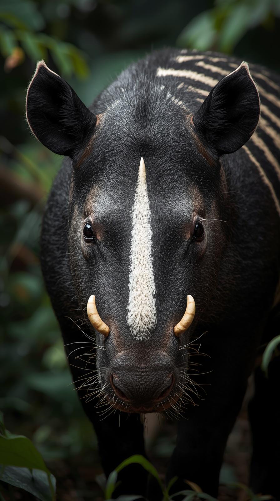 Close-up of a wild Babirusa pig with tusks in a dark jungle.
