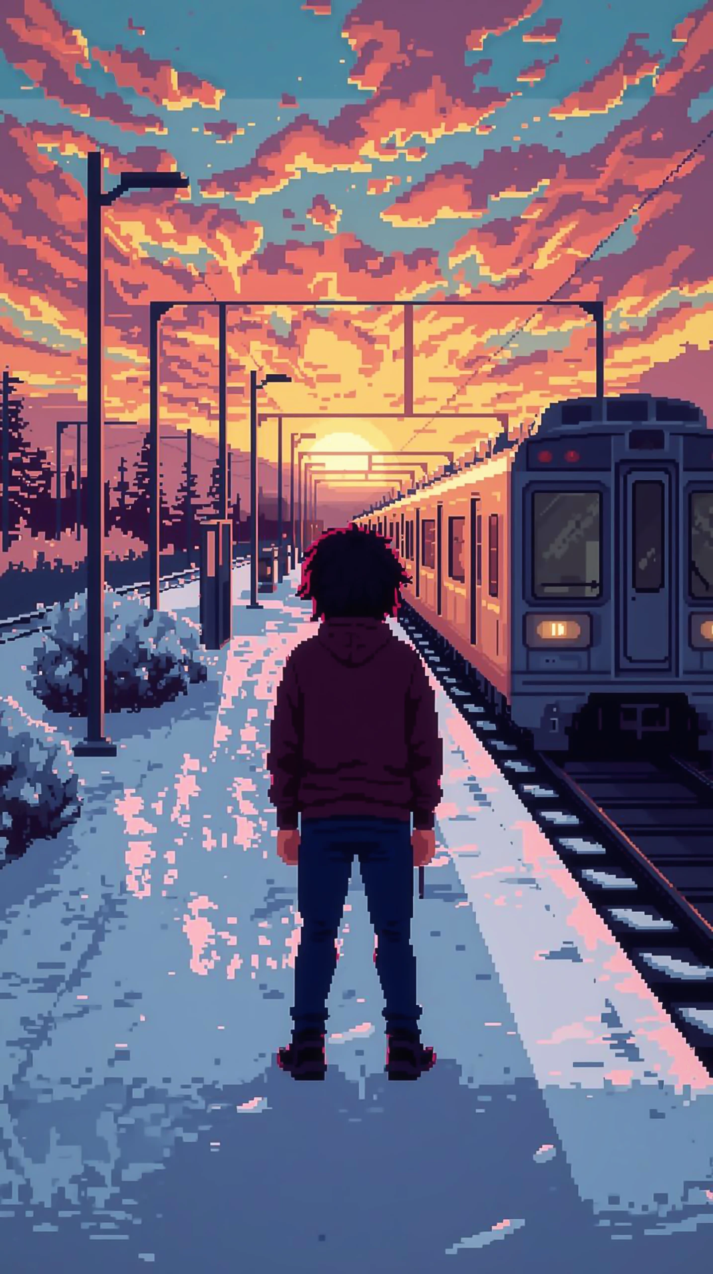 Pixel art phone wallpaper — Sunset Train Station | 4kwallpapar