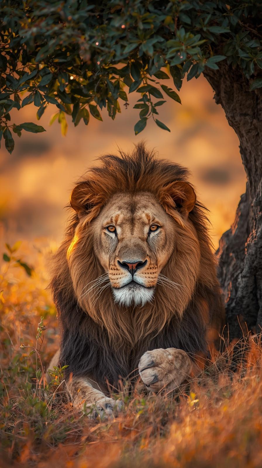 A majestic male lion resting peacefully under a tree during golden hour.