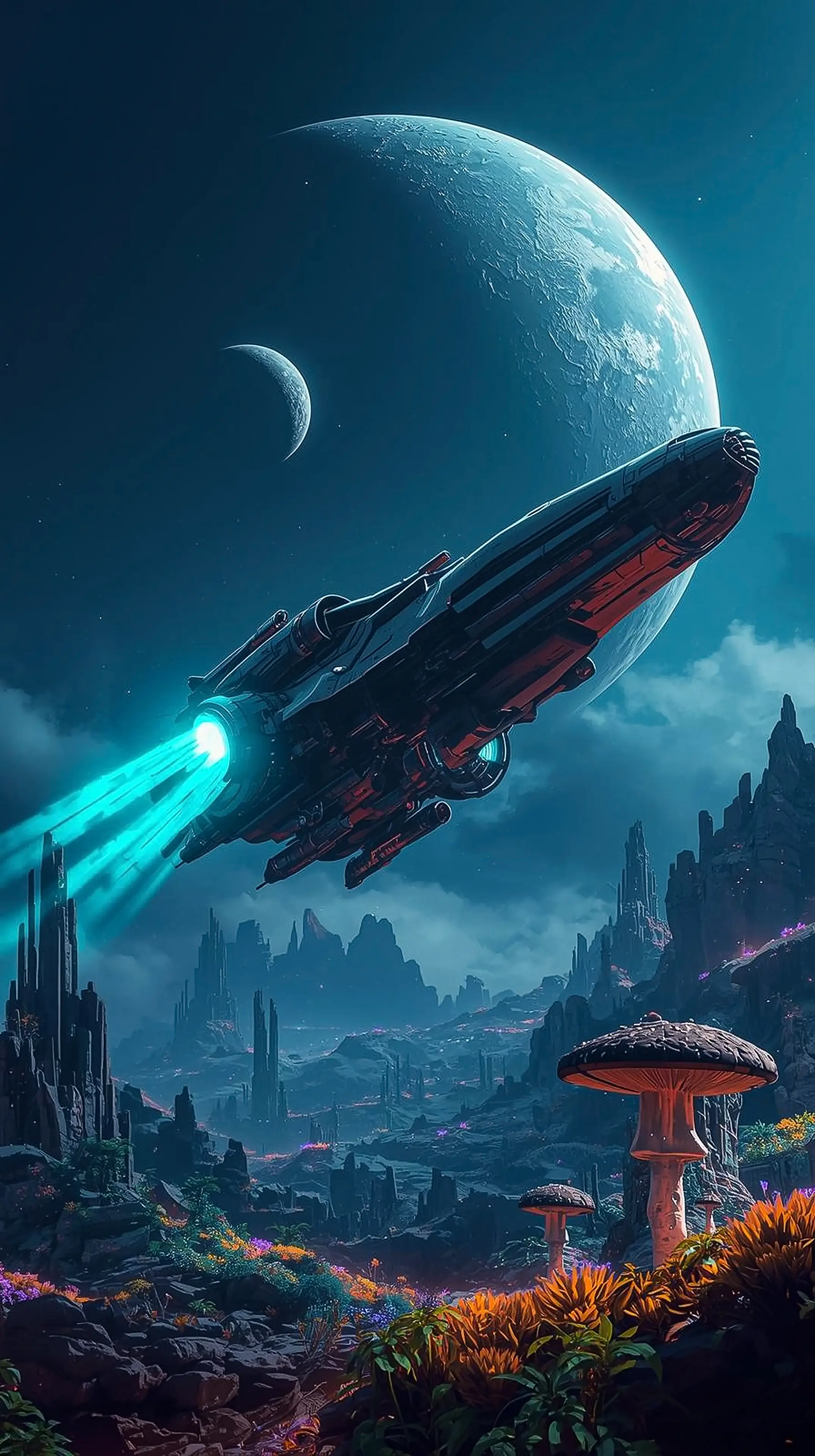 4k wallpaper for mobile Epic Sci-Fi Spaceship Launching Through Alien Landscape Giant Blue Planet Massive Mushroom Trees Glowing Thrusters Cosmic Night Sky