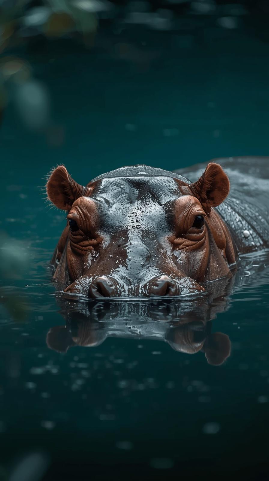 A calm hippopotamus partially submerged in dark teal water with reflections.