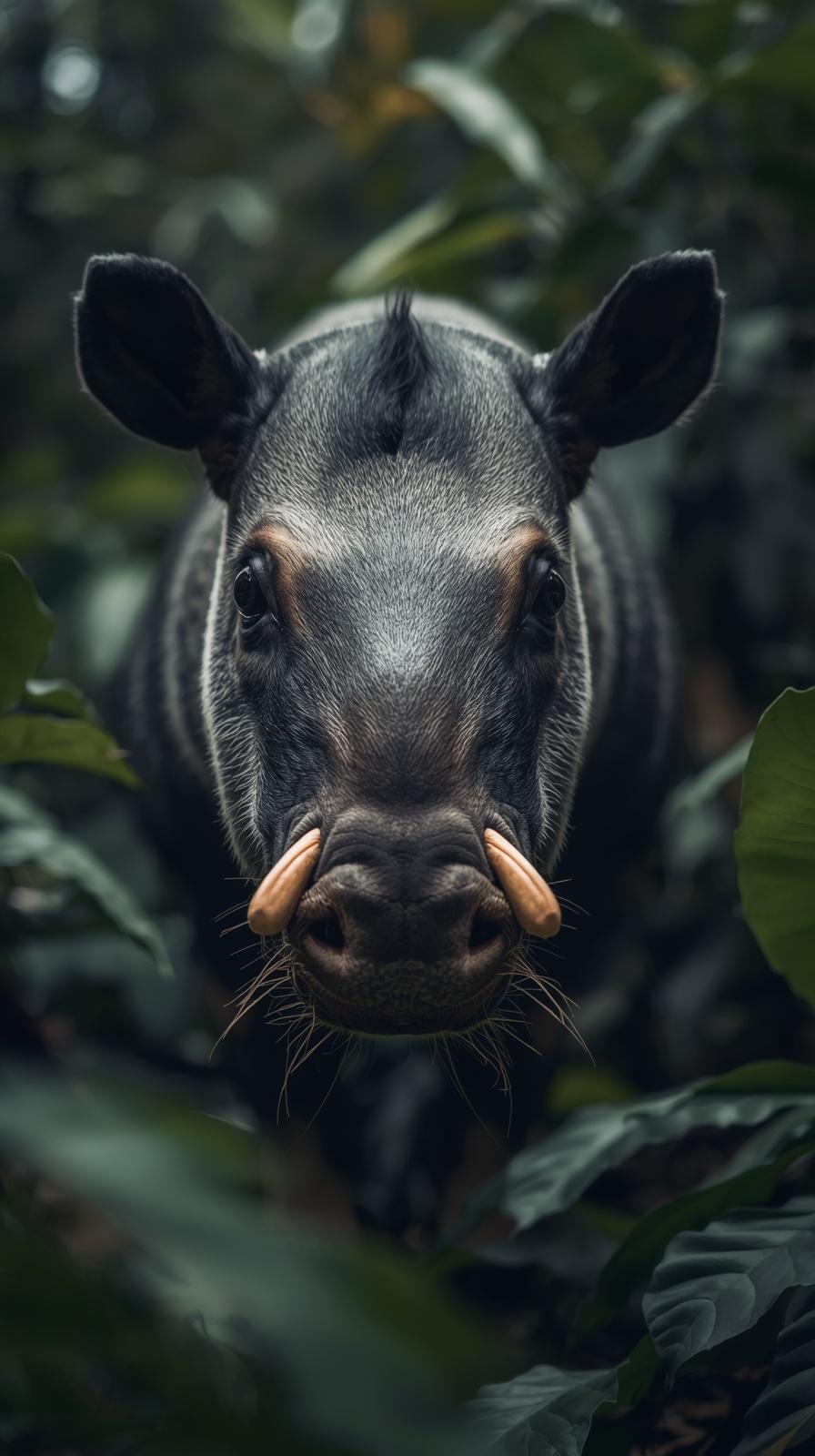Close-up of a wild boar with tusks emerging from green jungle leaves.