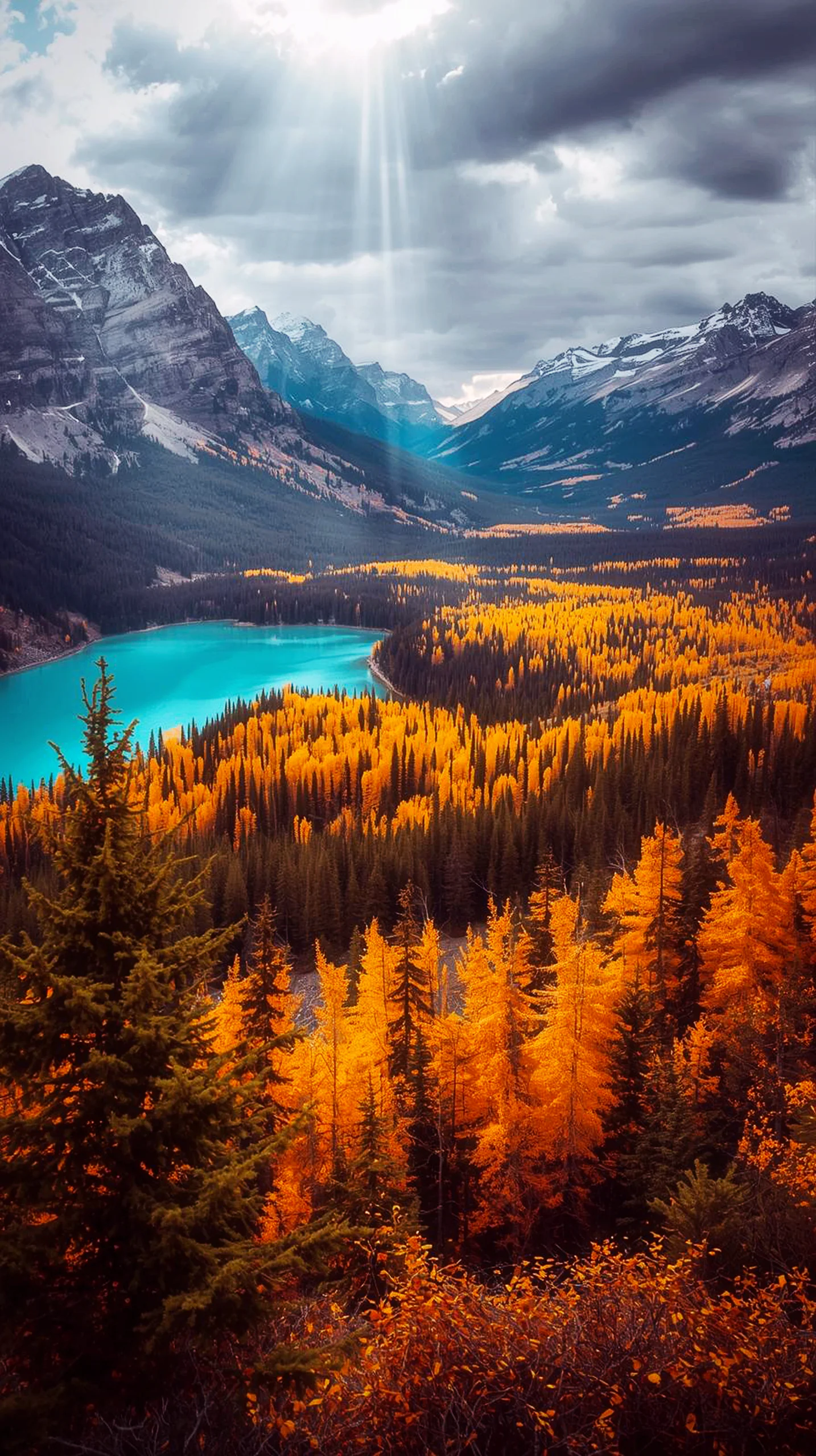 iPhone wallpaper 4K of a turquoise lake and autumn forest with mountains under sunbeams. 4K wallpaper for mobile,