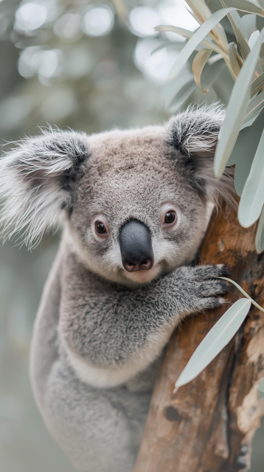 Cute koala with fluffy grey fur clinging to a tree, peaceful mood.