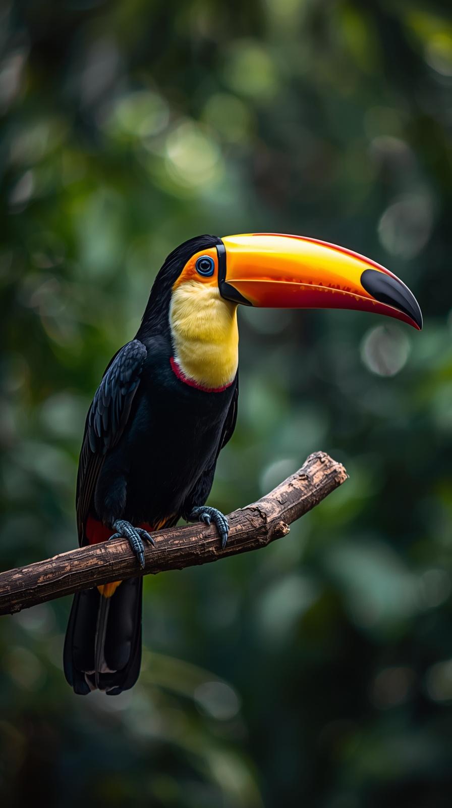 A beautiful Toco Toucan with a bright orange beak perched on a tree branch.