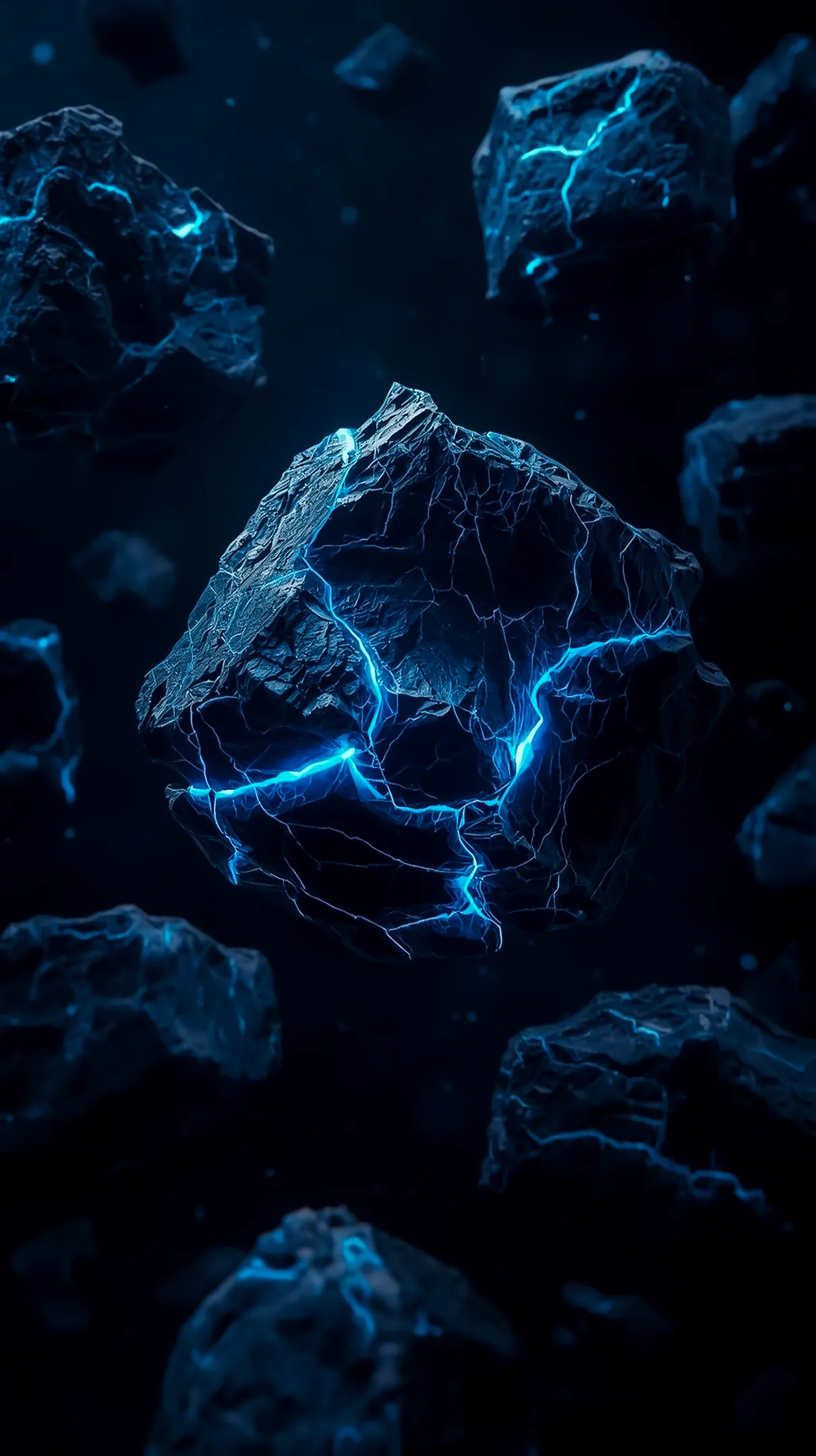 AMOLED wallpaper 4K for mobile with electric blue cracks on dark rocks, suitable for iPhone wallpaper 4K, 4K wallpaper
