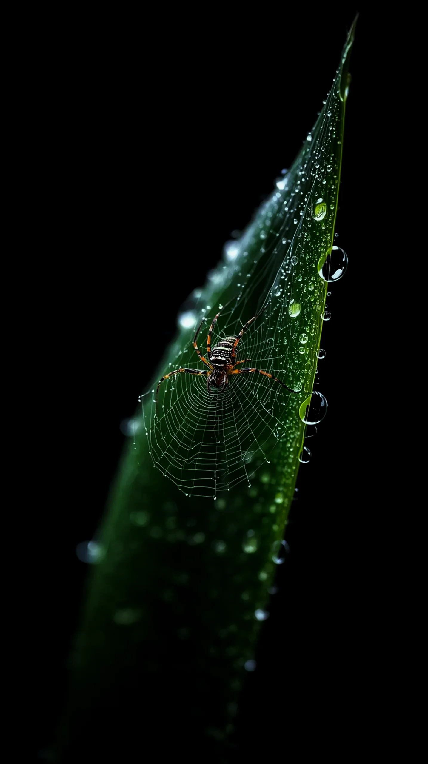 AMOLED wallpaper 4K for mobile featuring a spiderweb with dewdrops on a leaf. iPhone wallpaper 4K, 4K wallpaper for
