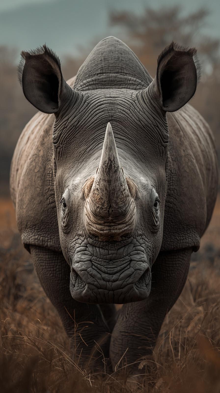 A powerful front-facing rhinoceros portrait with detailed skin texture and horn.