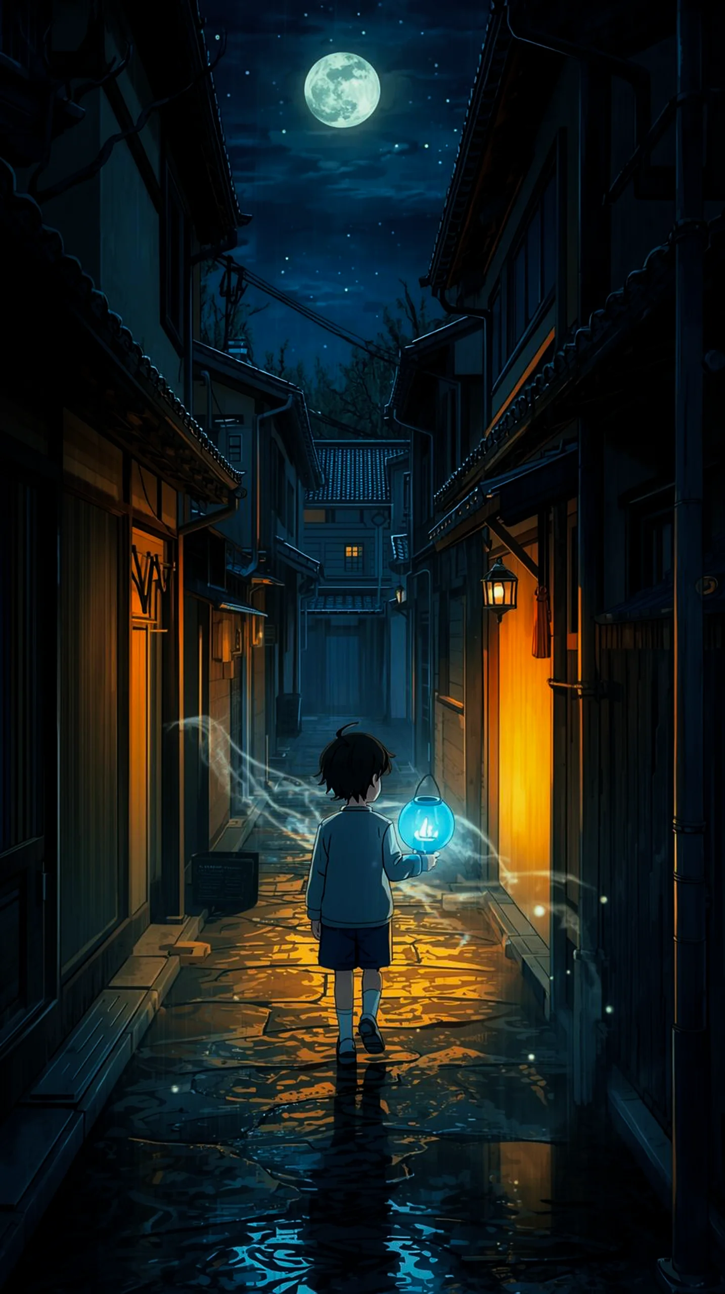 enchanting anime child with glowing lantern in dark alley phone wallpaper 4K
