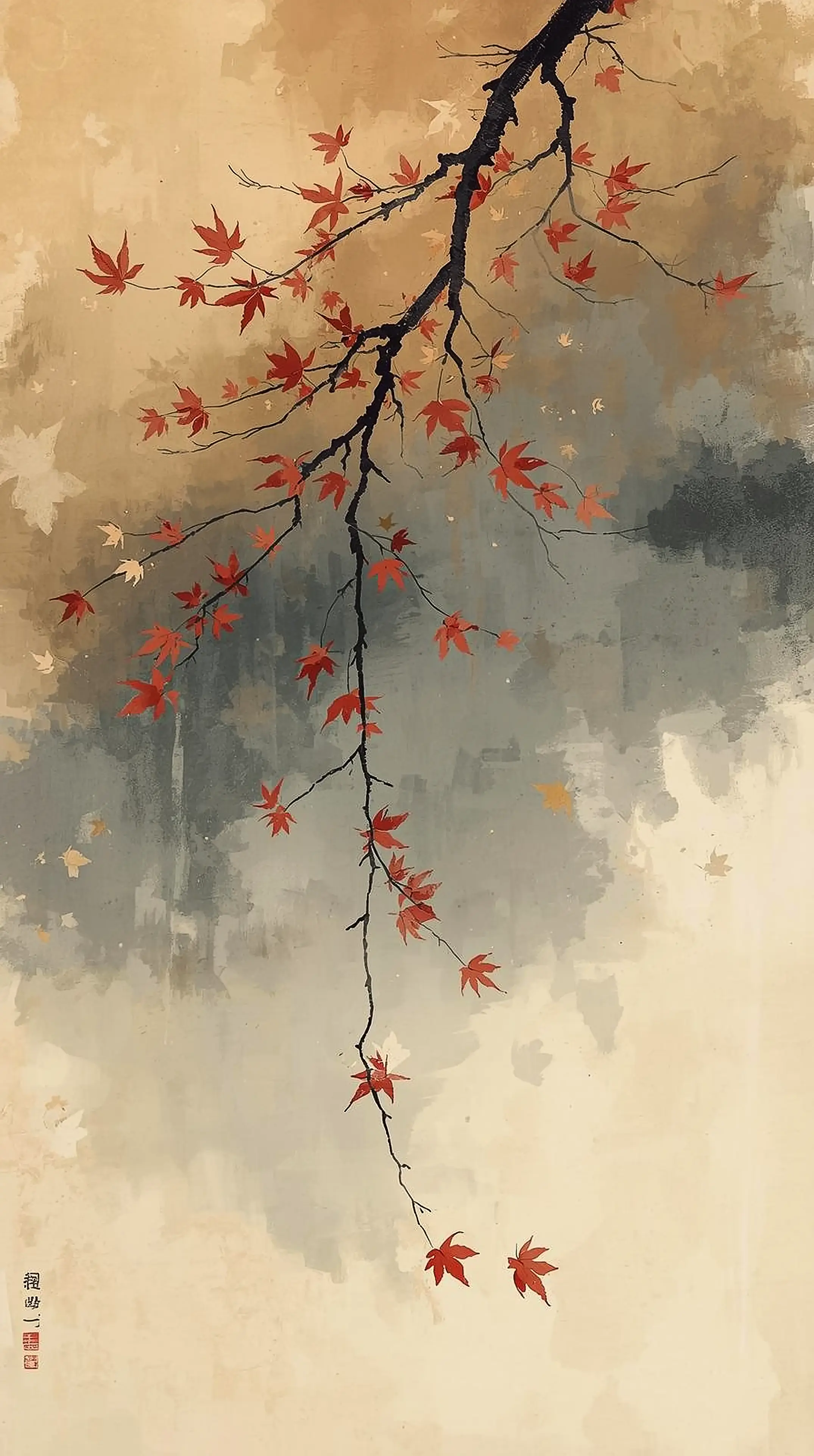4k wallpaper for mobile Japanese Autumn Maple Branch, Elegant Red Leaves Falling on Beige Sumi-e Background Serene Traditional Ink Art