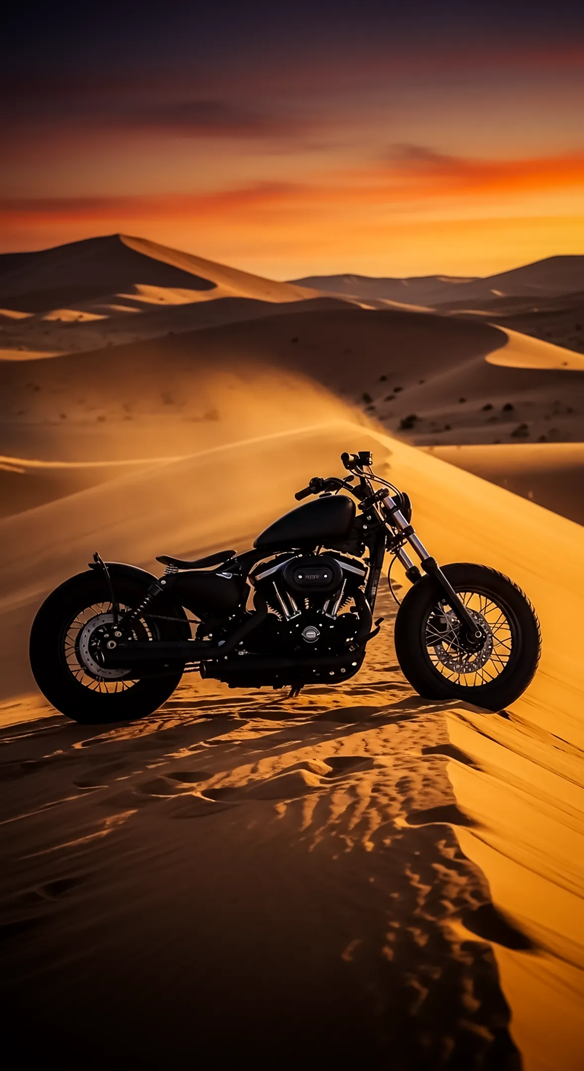 Black motorcycle on desert dunes at sunset, perfect 4K iPhone wallpaper, phone wallpaper, 4k wallpaper for mobile, and