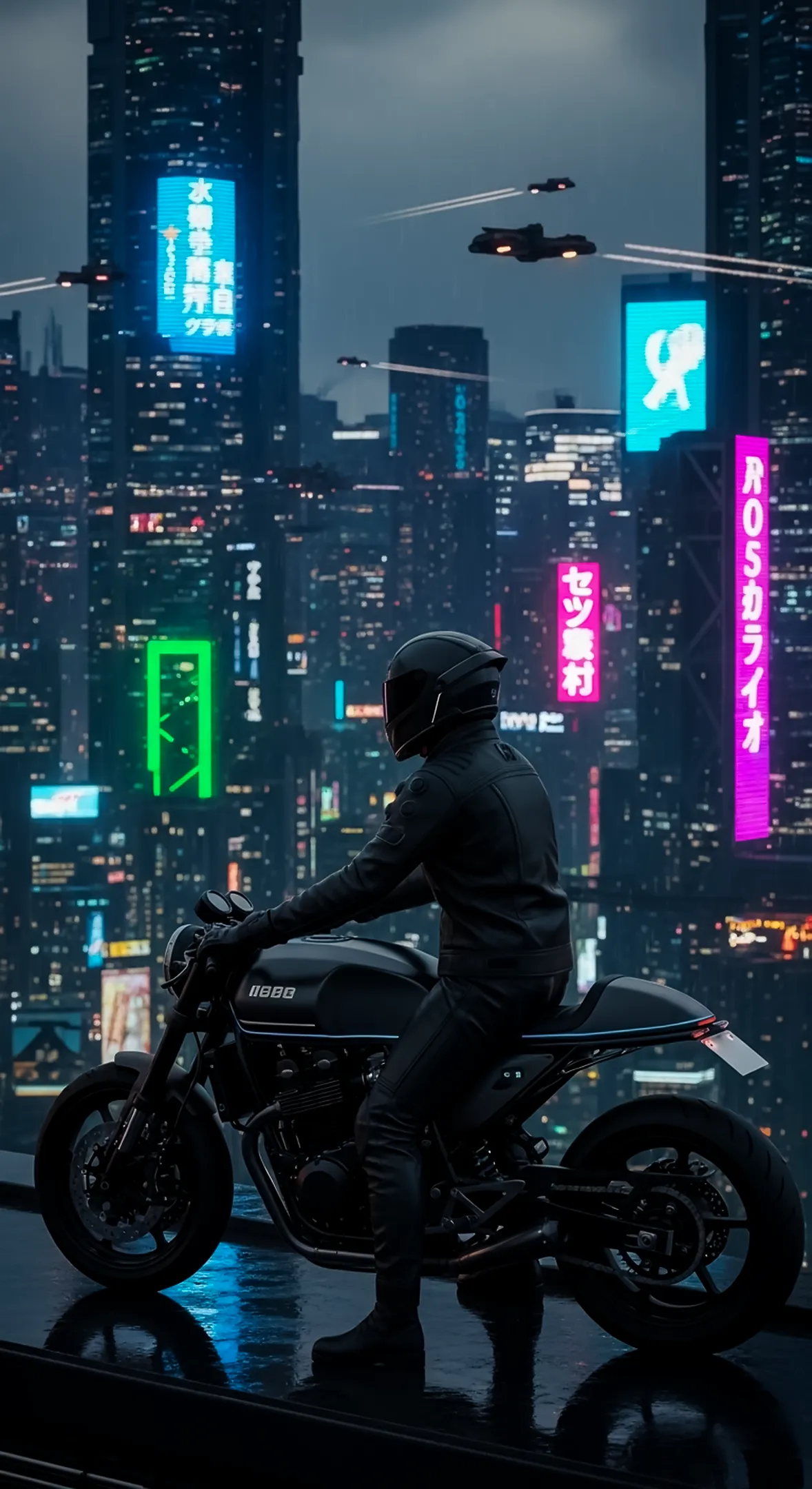 Cyberpunk rider on a motorcycle overlooking a neon-lit city skyline. 4k wallpaper for mobile, iphone wallpaper 4k.