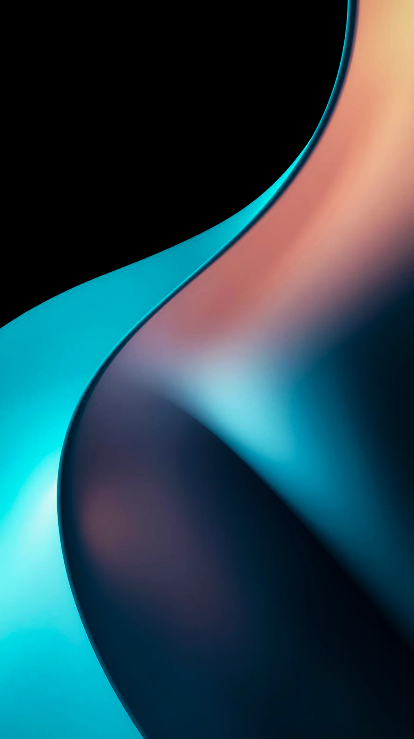 A dark AMOLED mobile wallpaper featuring abstract flowing curves in vibrant teal, deep blue, and warm peach tones.