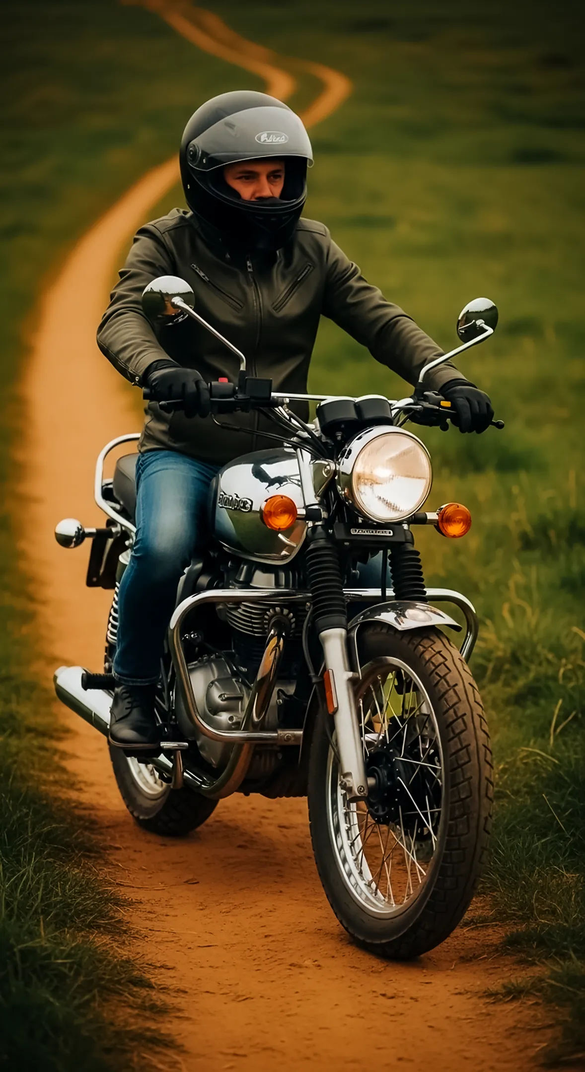 Man on motorcycle on a dirt road, ideal for phone wallpaper, iphone wallpaper 4k, 4k wallpaper for mobile, 4k