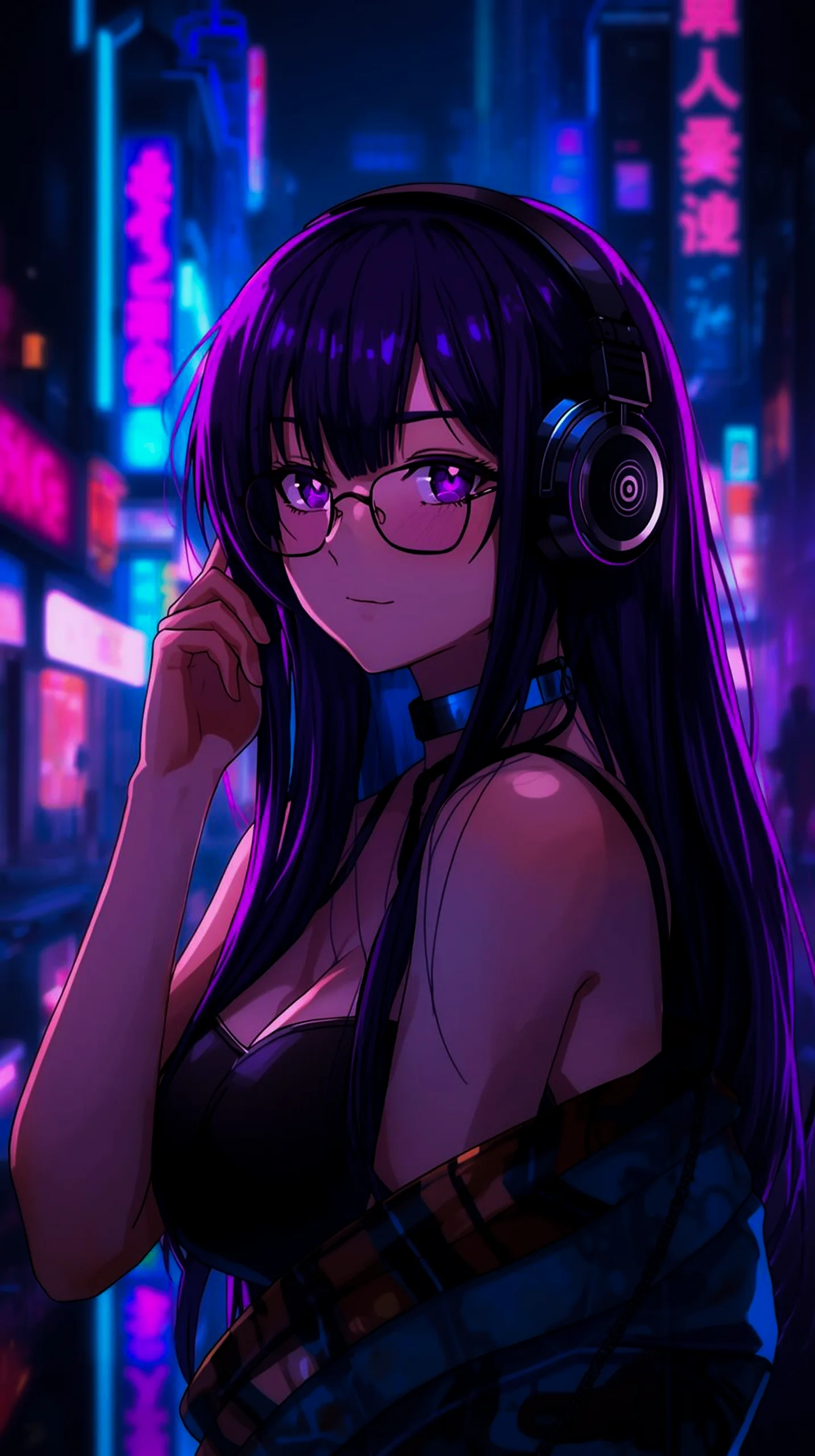 cyberpunk anime girl with headphones wallpaper for iPhone 4K