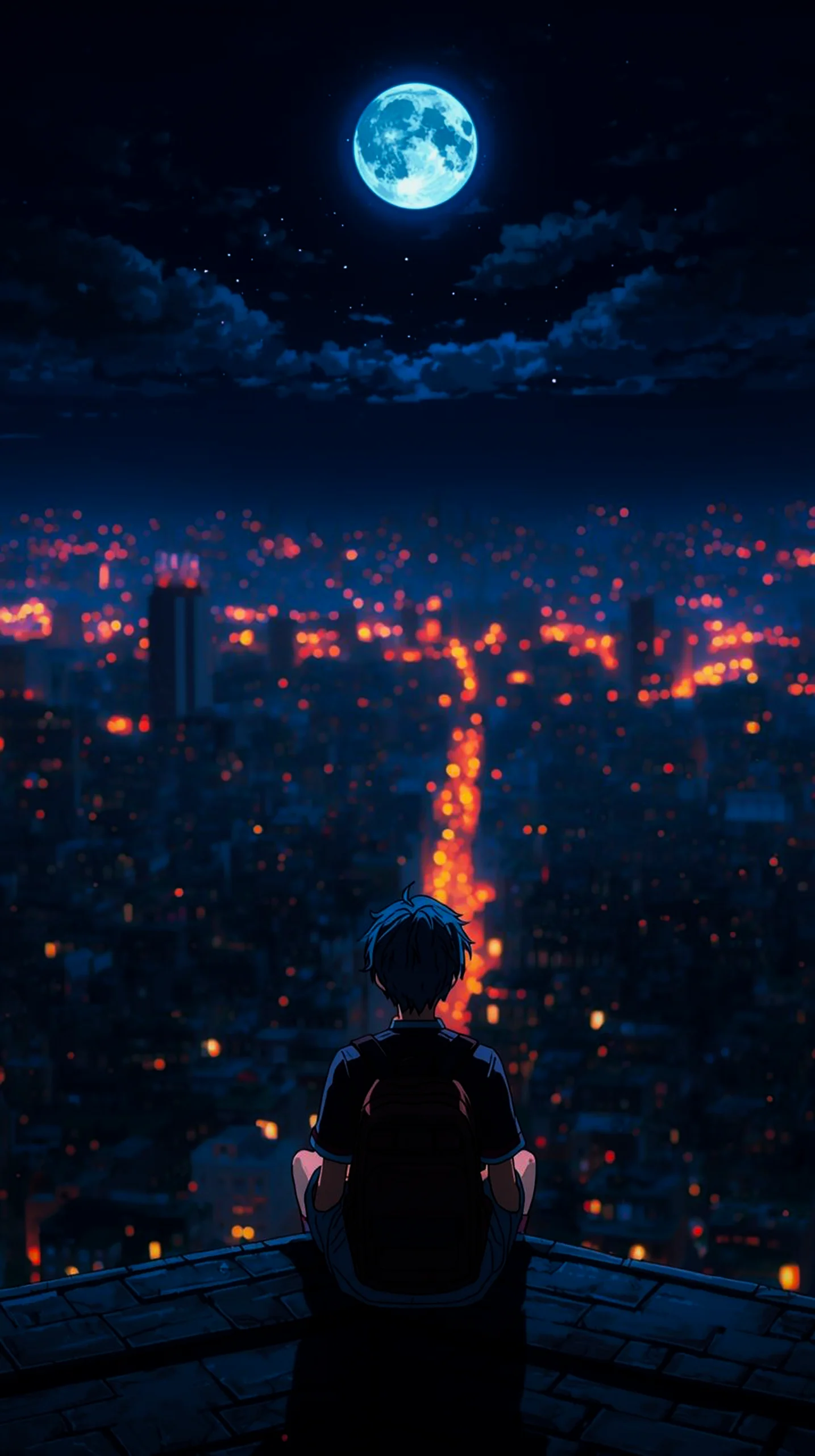 moody anime person city view blue moon wallpaper for iPhone 4K