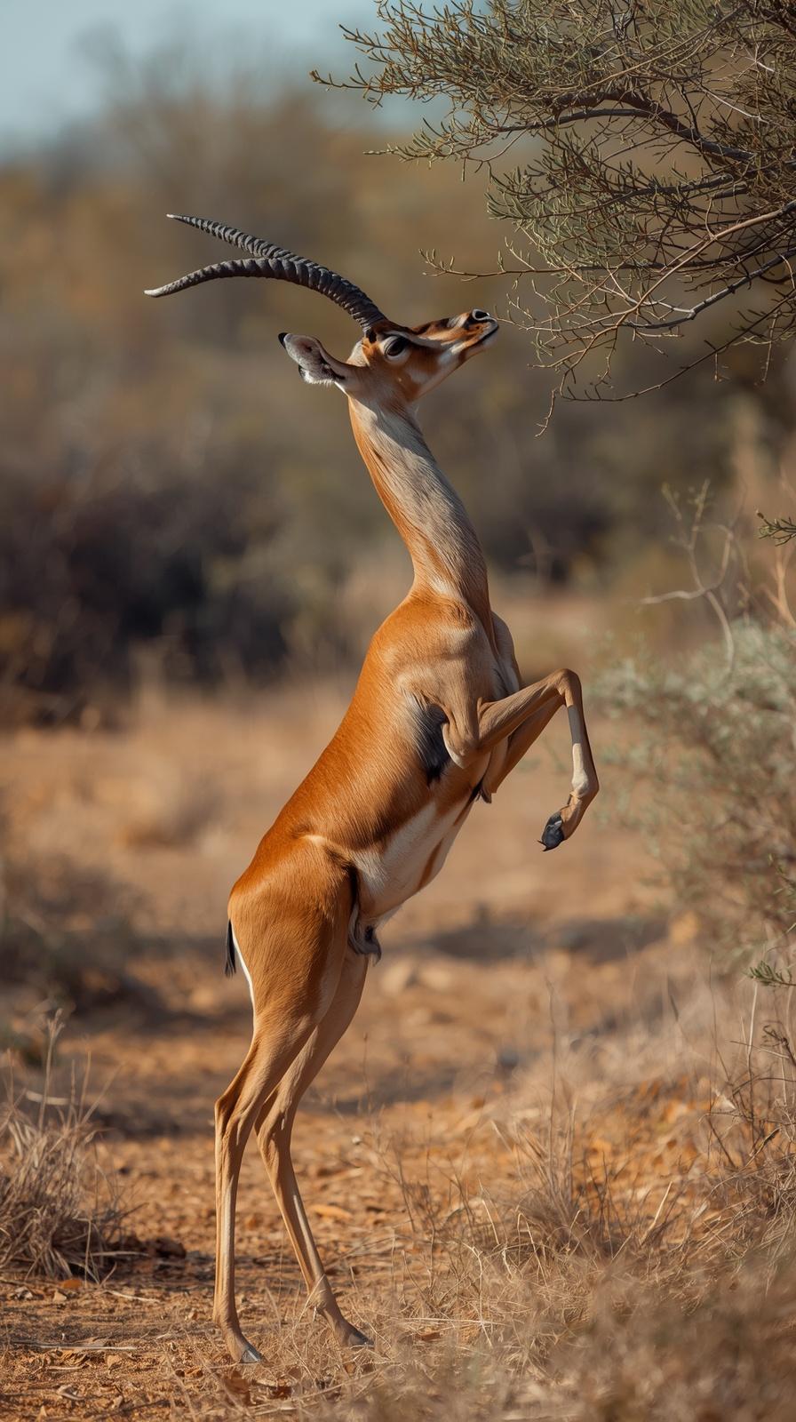 A graceful gerenuk standing on hind legs reaching for tree leaves in nature.