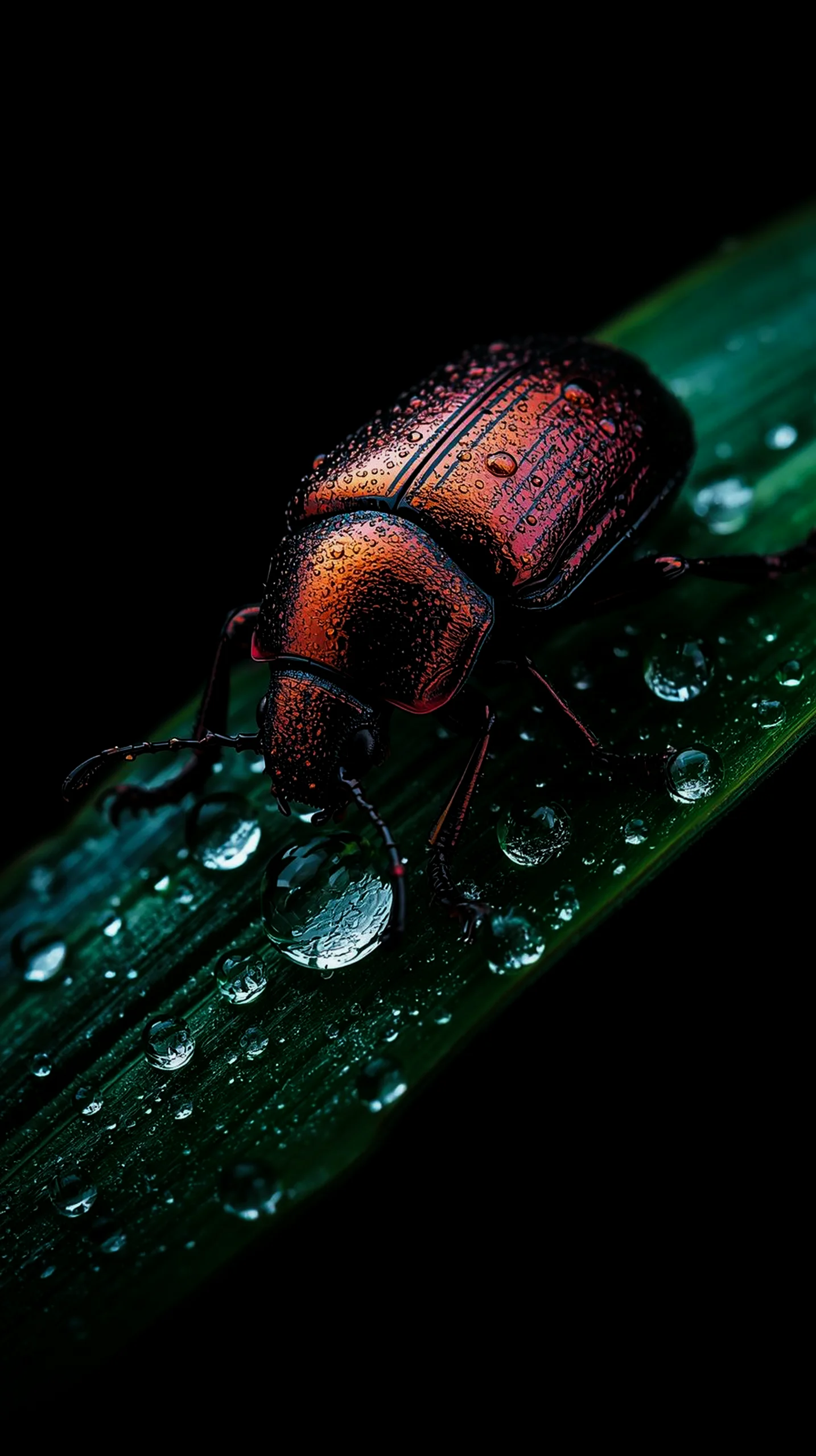 Metallic beetle with dew drops on a leaf, AMOLED wallpaper 4K for mobile, iPhone wallpaper 4K, 4K wallpaper for mobile,