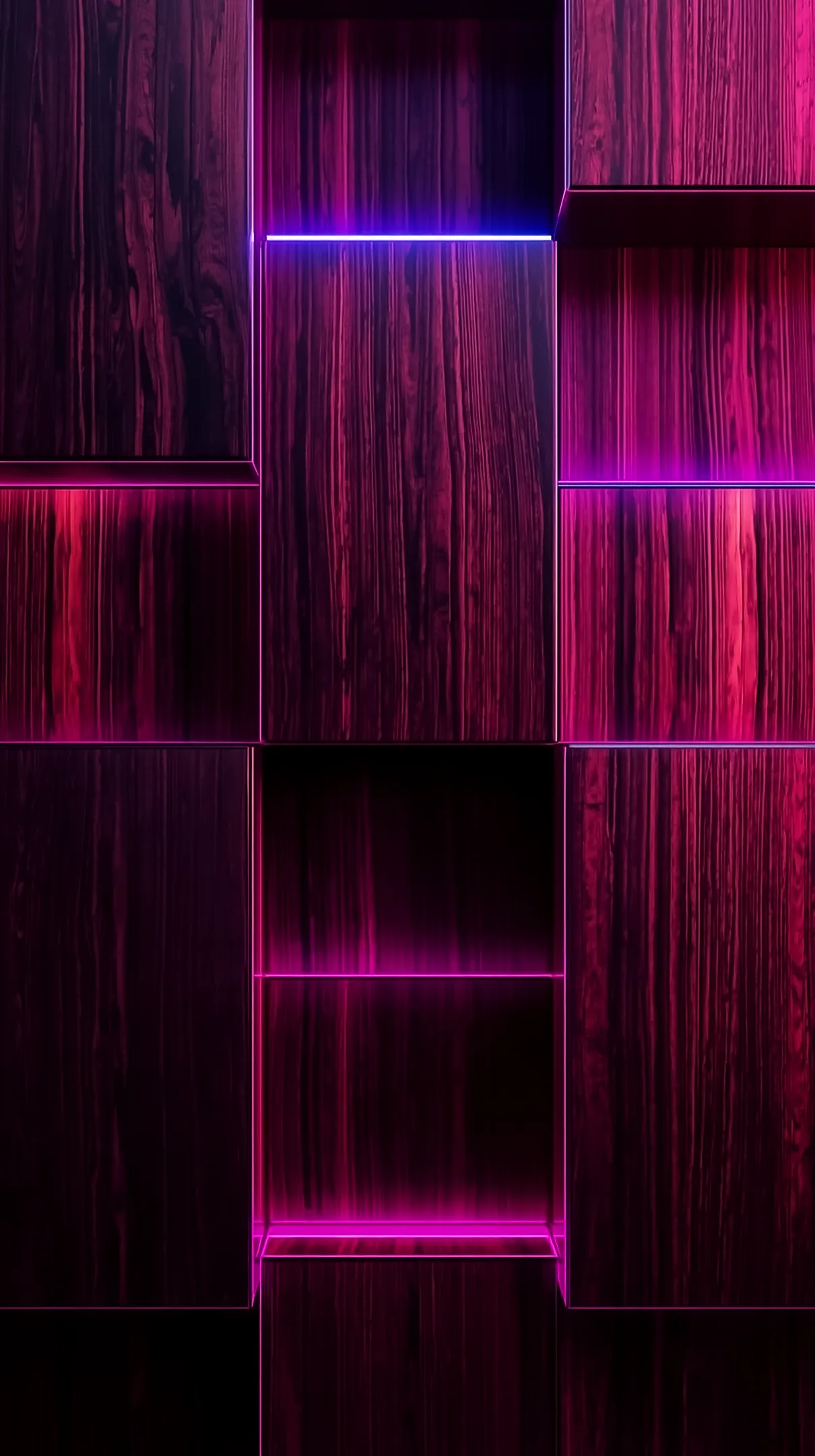 Dark wood shelves with neon pink and blue lights, AMOLED wallpaper 4K for mobile, iPhone wallpaper 4K, 4K wallpaper for