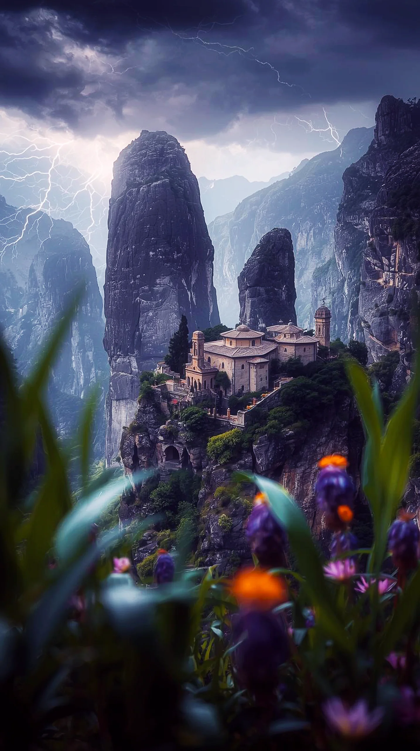 Meteora Monastery 4K Mobile Wallpaper: Stormy Mountain Views