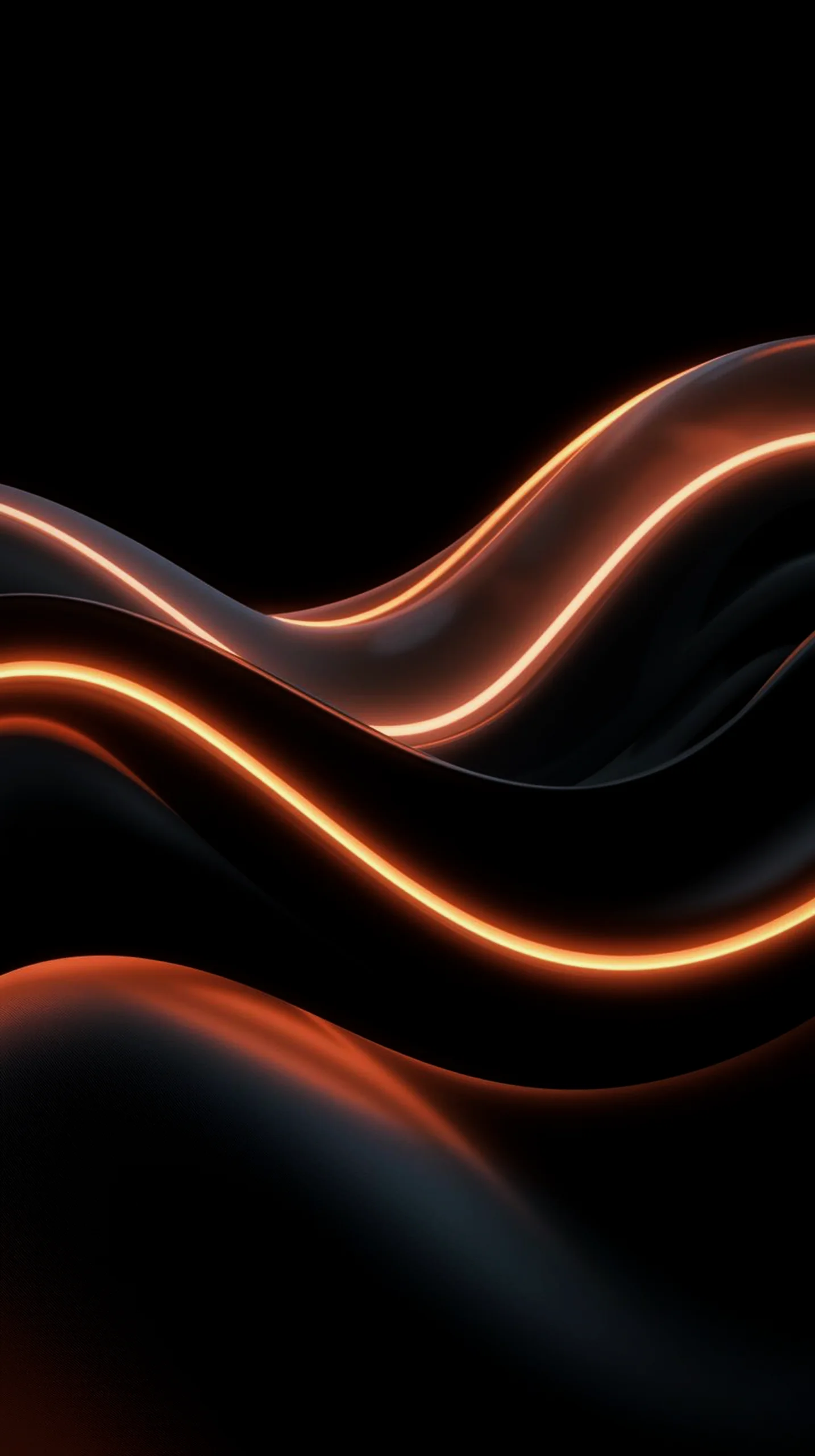 Abstract dark mobile wallpaper with glowing orange wavy lines on a black background.