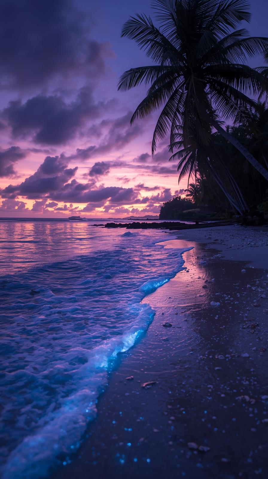 Palm-fringed tropical beach at twilight