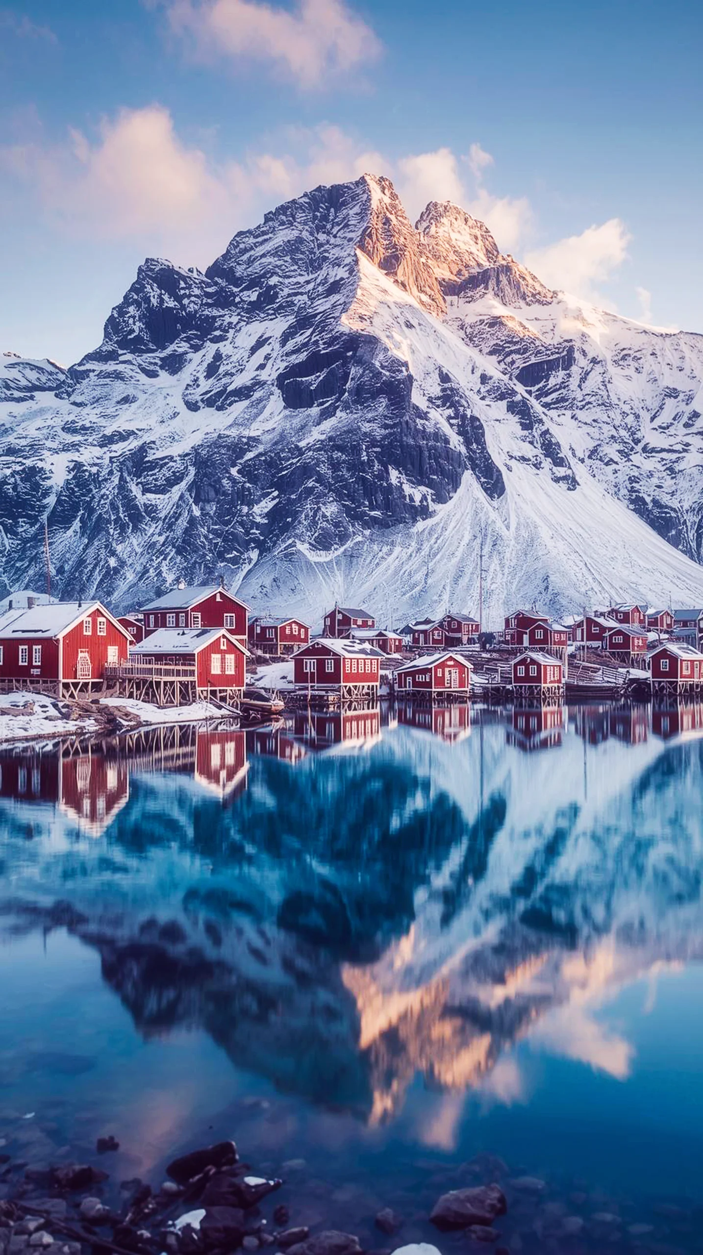 4K iPhone wallpaper of a snowy village by a lake with mountain reflection. 4K wallpaper for mobile, wallpaper for