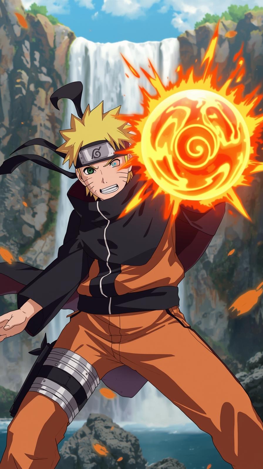 iphone wallpaper iphone wallpaper – Action anime character performing a powerful fire jutsu with a swirling orange Actio