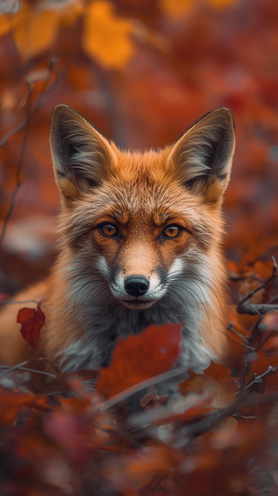 A close-up portrait of a red fox surrounded by vibrant autumn leaves and foliage.