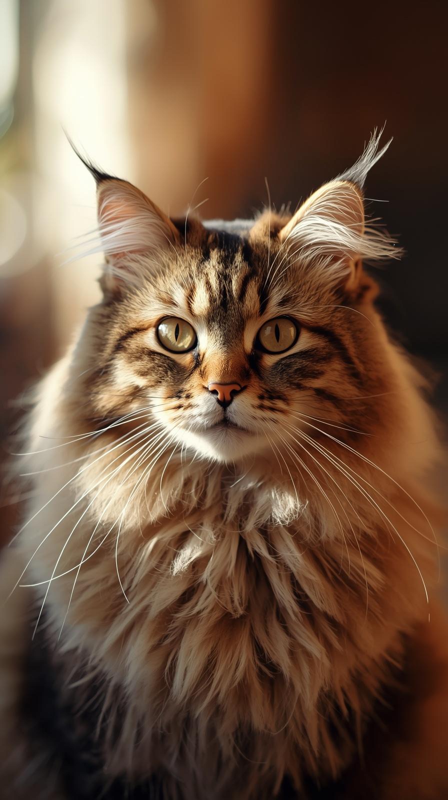 Close up portrait of a fluffy Maine Coon cat with golden lighting and intense stare.