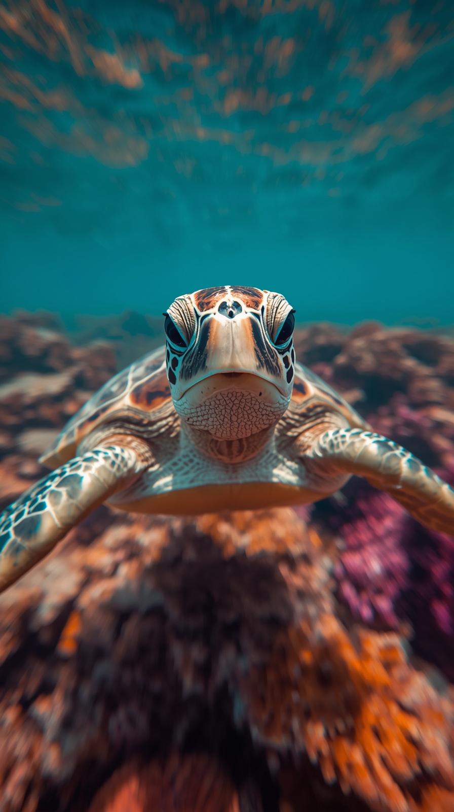 A majestic sea turtle swimming through clear turquoise water over vibrant coral reefs.