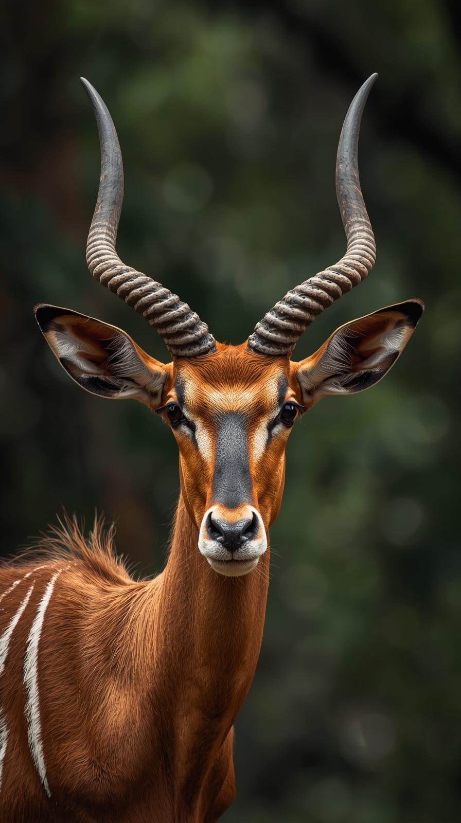 A majestic impala with spiraled horns standing in a lush, green forest setting.