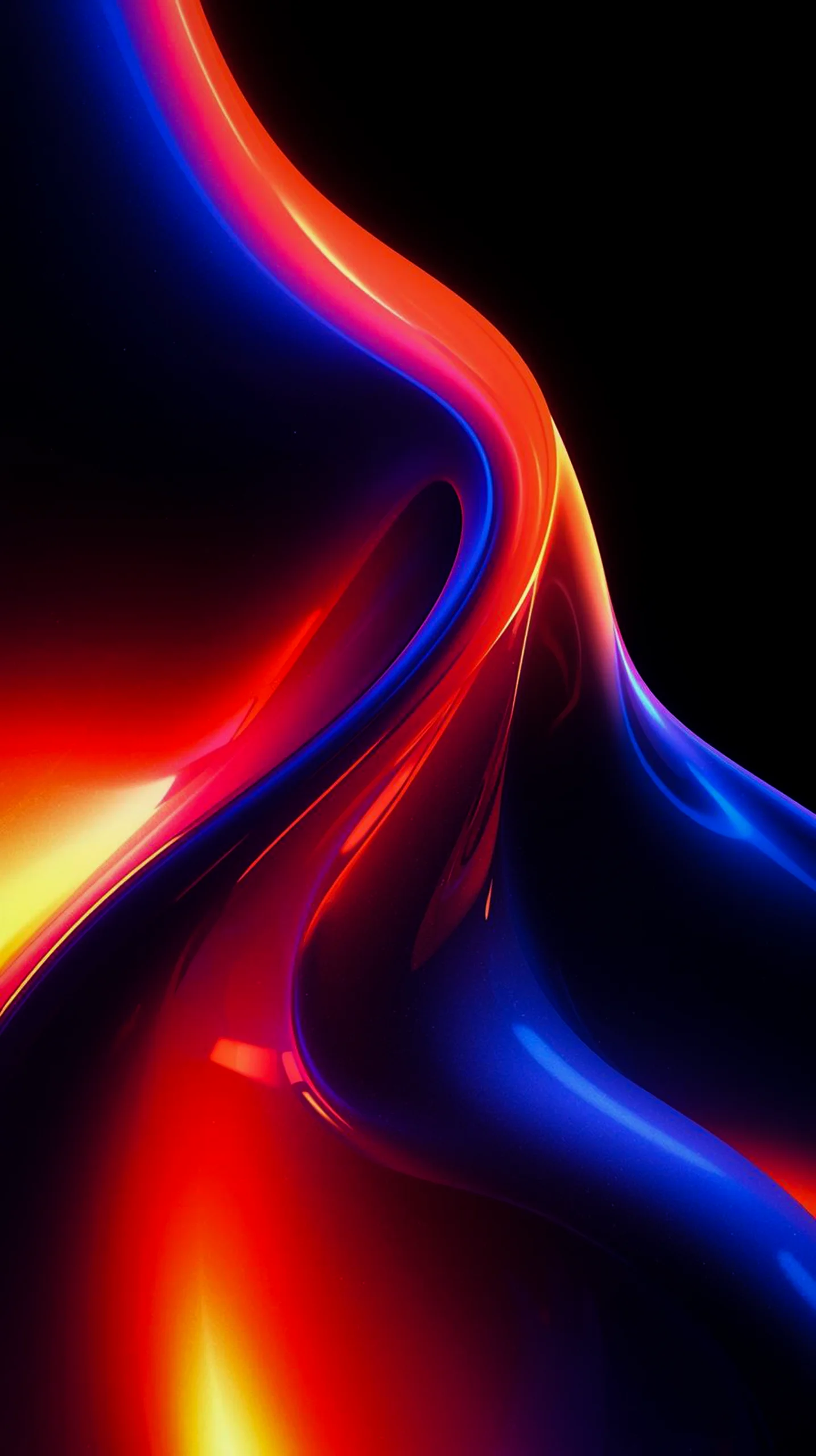 A dark mobile wallpaper with flowing abstract shapes in glowing red and blue neon colors.