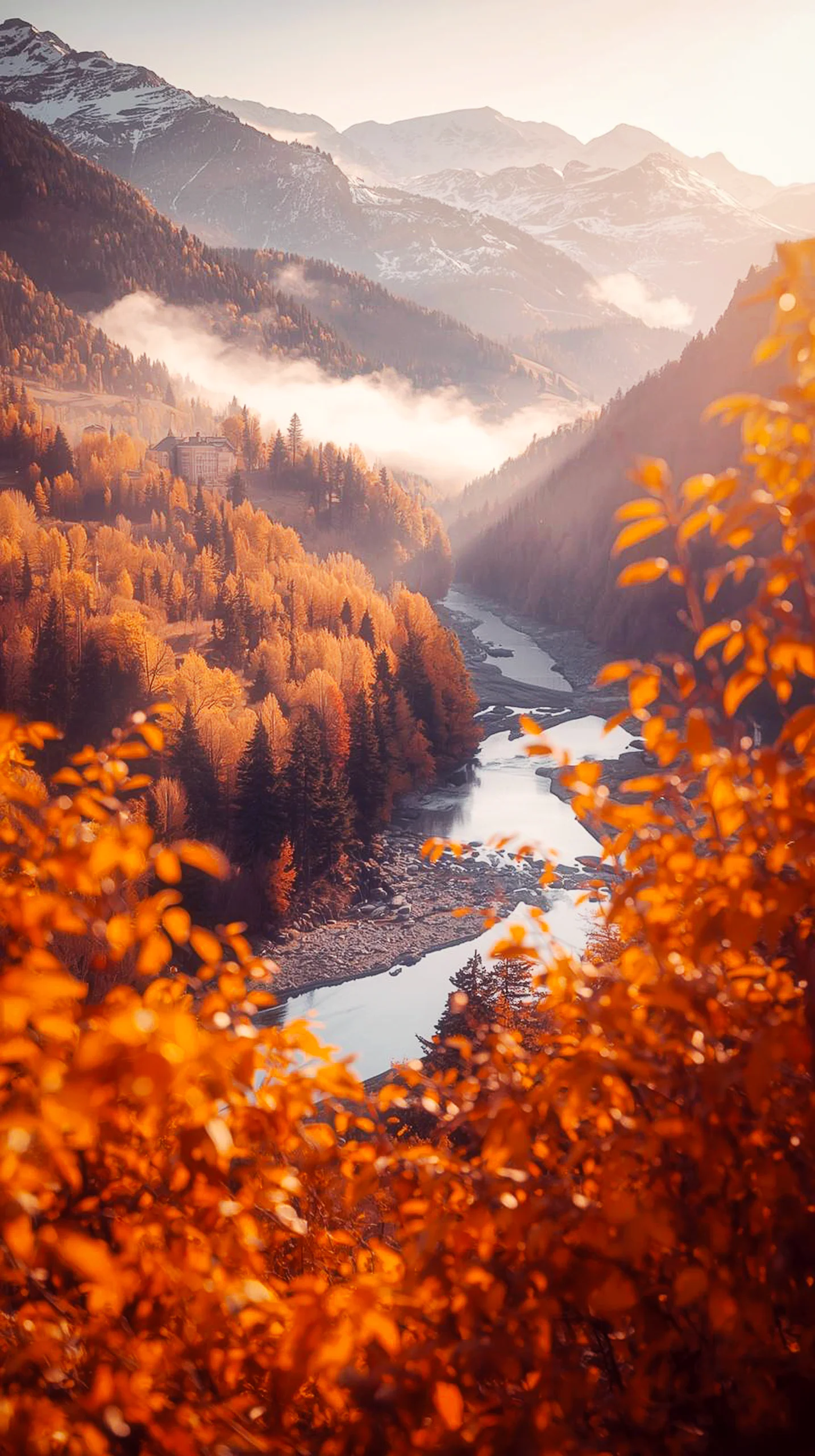 Autumn valley iPhone wallpaper 4K with mountains and river. 4K wallpaper for mobile, wallpaper for phone, cute 4K