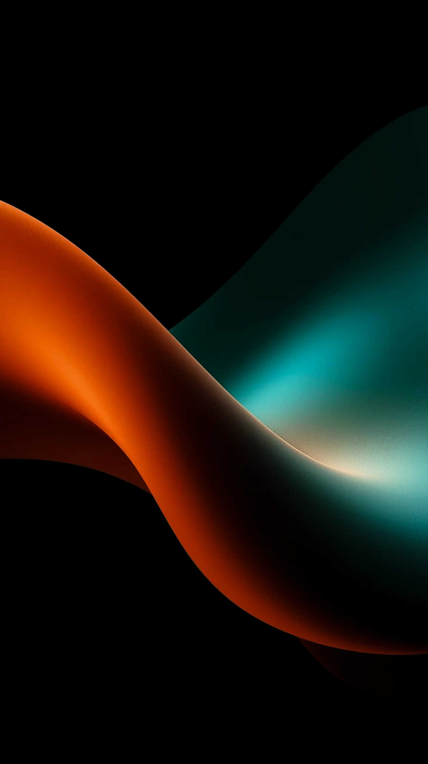Dark abstract wallpaper with flowing orange and teal waves on a black background, perfect for mobile phones.
