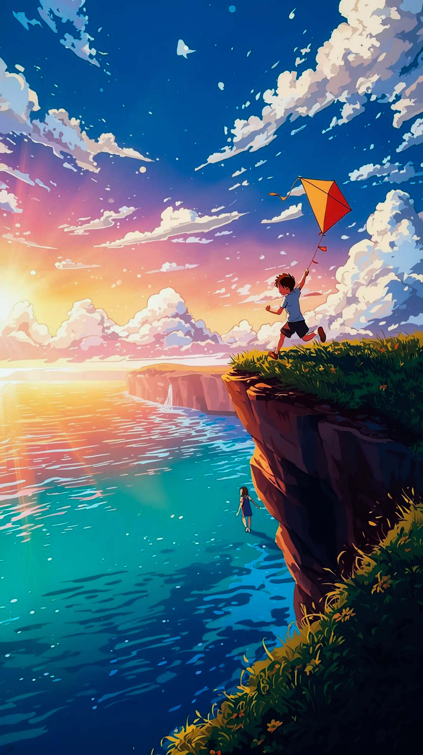 vibrant anime boy flying kite over sunset ocean wallpaper for phone 4K