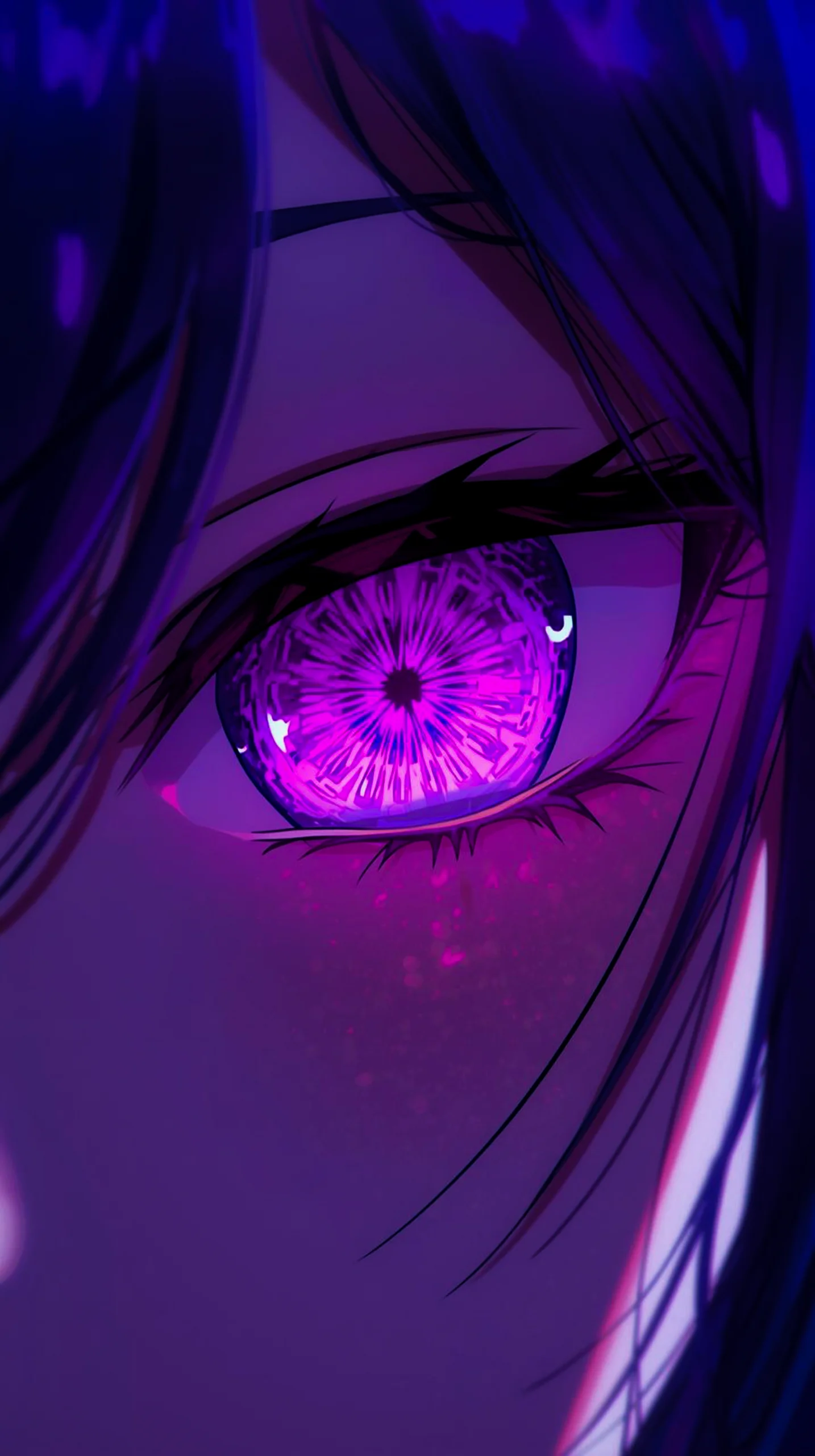 Aesthetic purple glowing eye anime phone wallpaper for iPhone 14 Pro Max and Android wallpaper backgrounds.