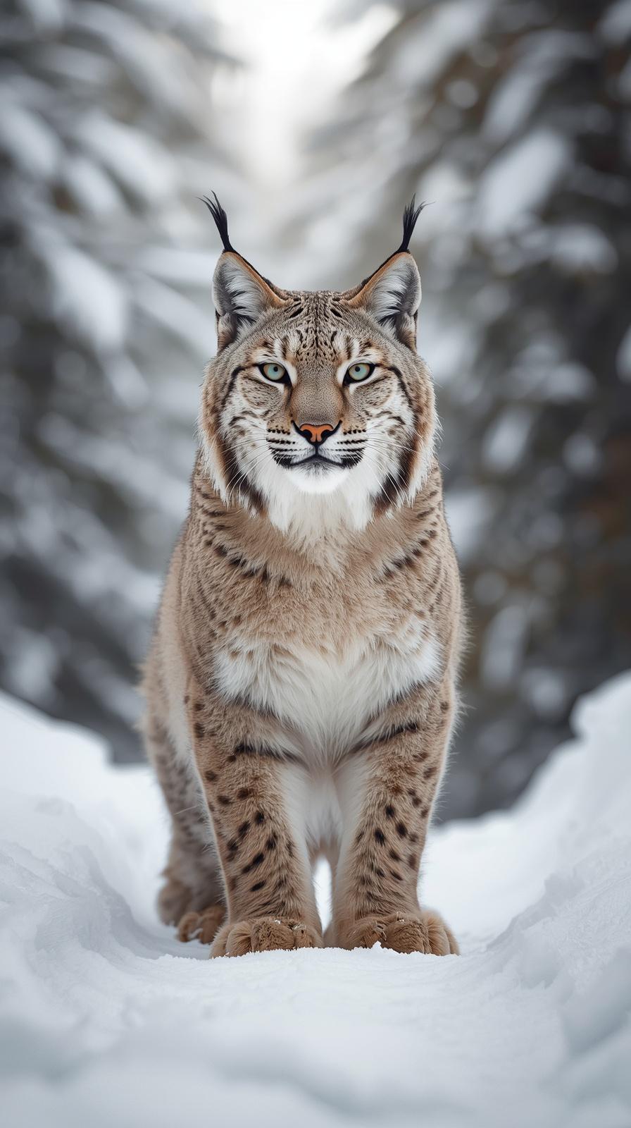A majestic lynx with tufted ears standing in a snowy winter forest.