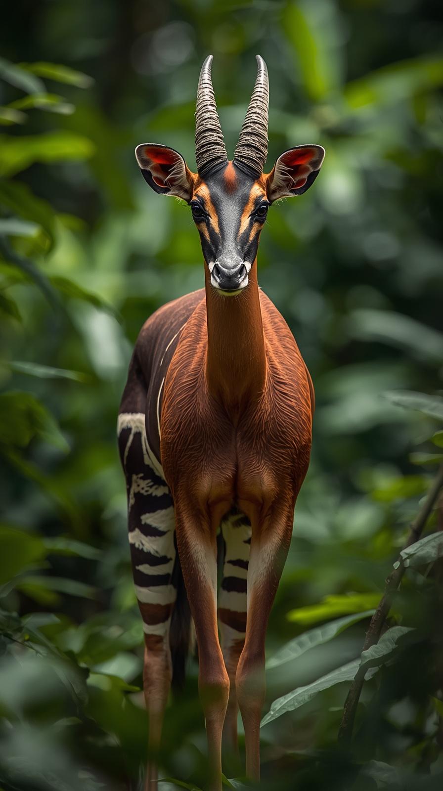 Bongo antelope with spiral horns in lush green forest, serene mood.