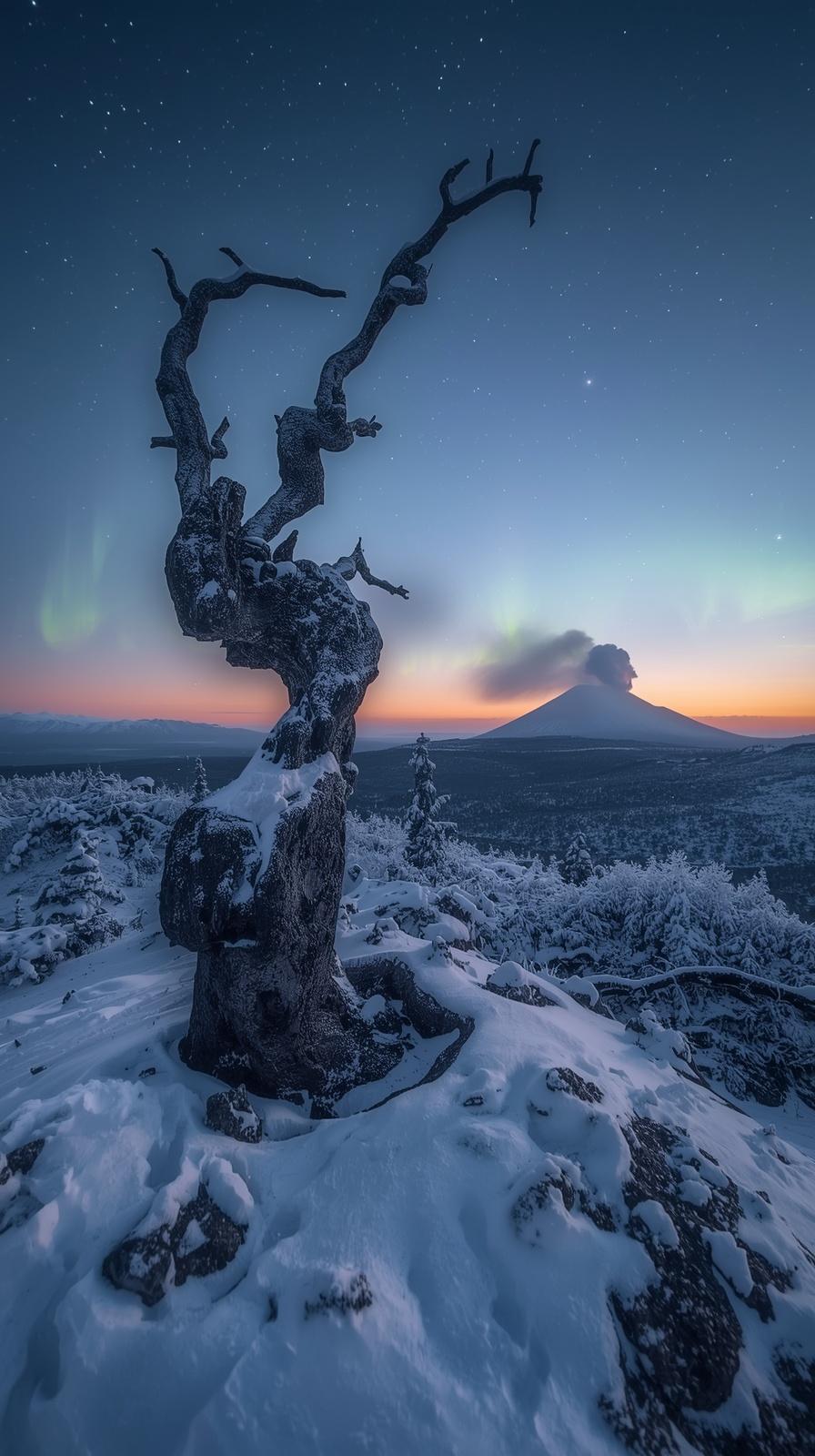 Snow-covered volcanic landscape at twilight Snow-covered volcanic landscape at twilight