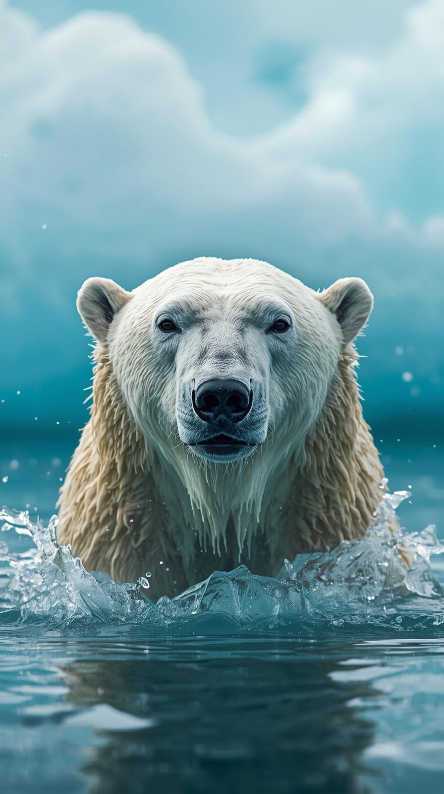 Majestic polar bear emerging from icy blue ocean water in a serene arctic landscape.