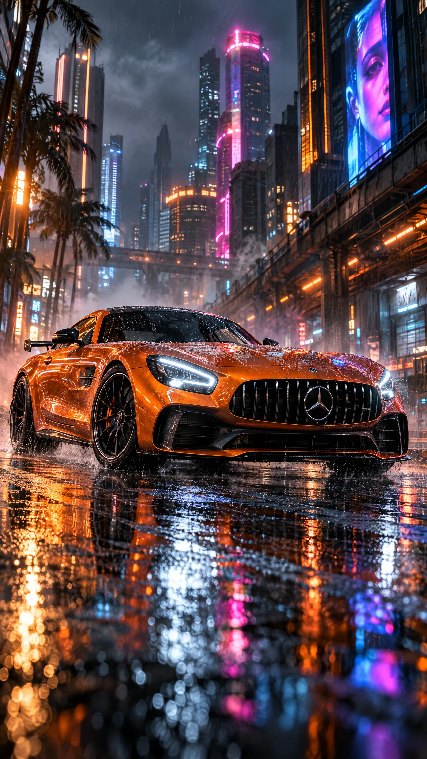 Amber sports car on a wet neon city street at night.