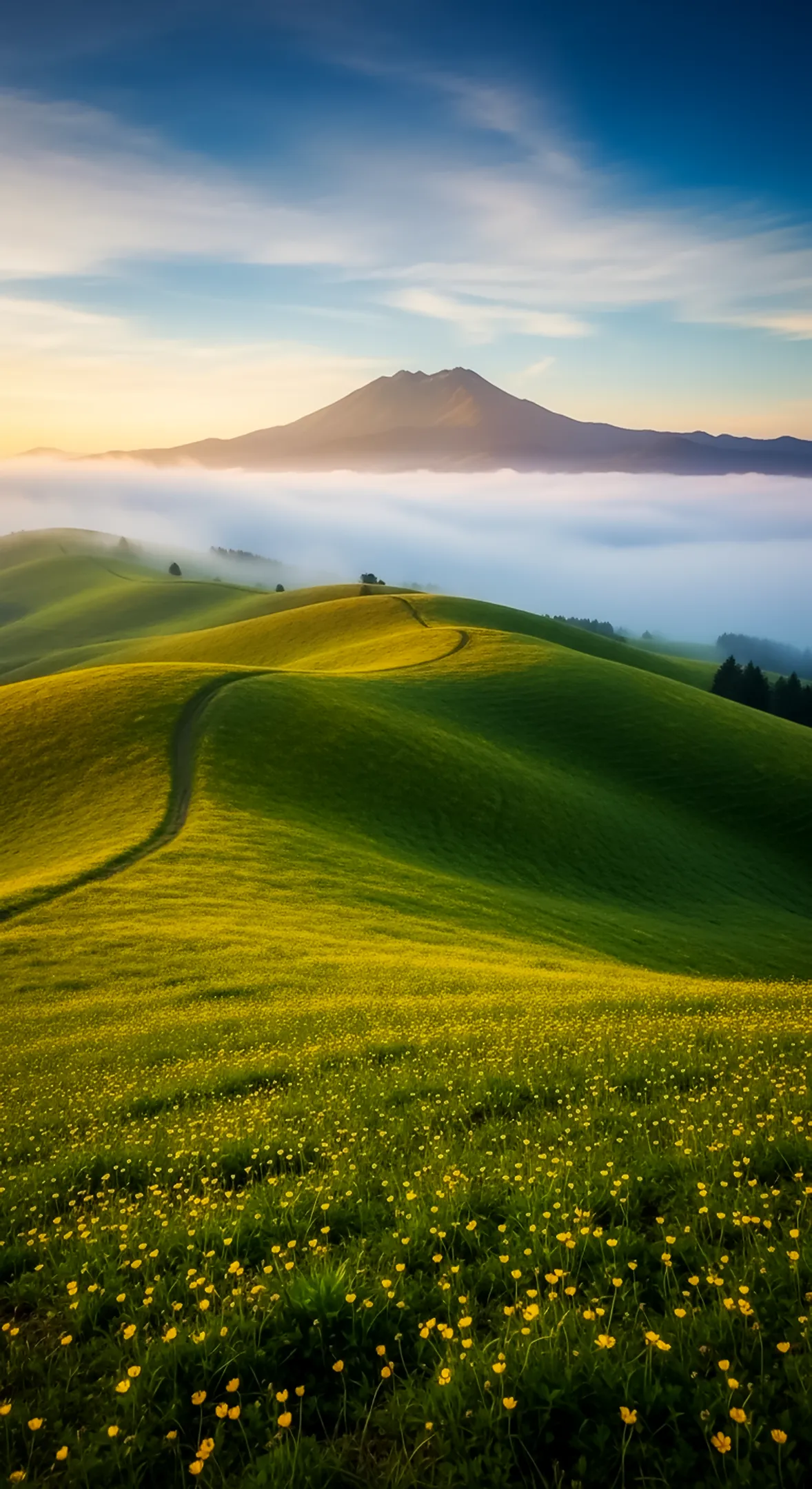 Vibrant Yellow Flower Background for iPhone: Scenic Hills & Mountain Mist – A Perfect Flower Phone Wallpaper & Background