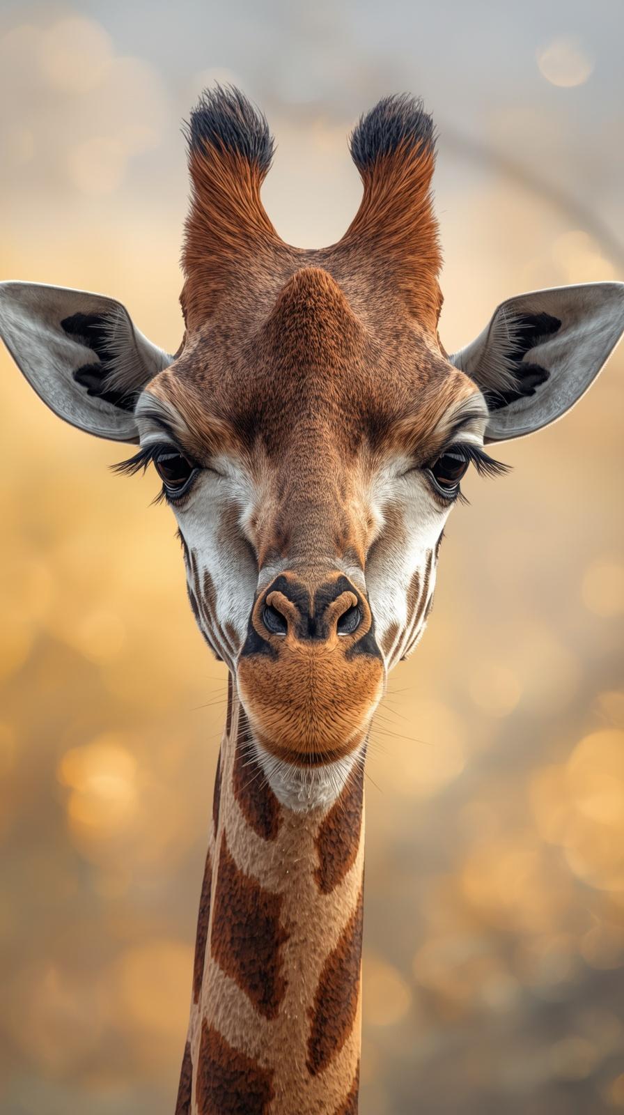 Close-up portrait of a majestic giraffe with warm golden bokeh background.