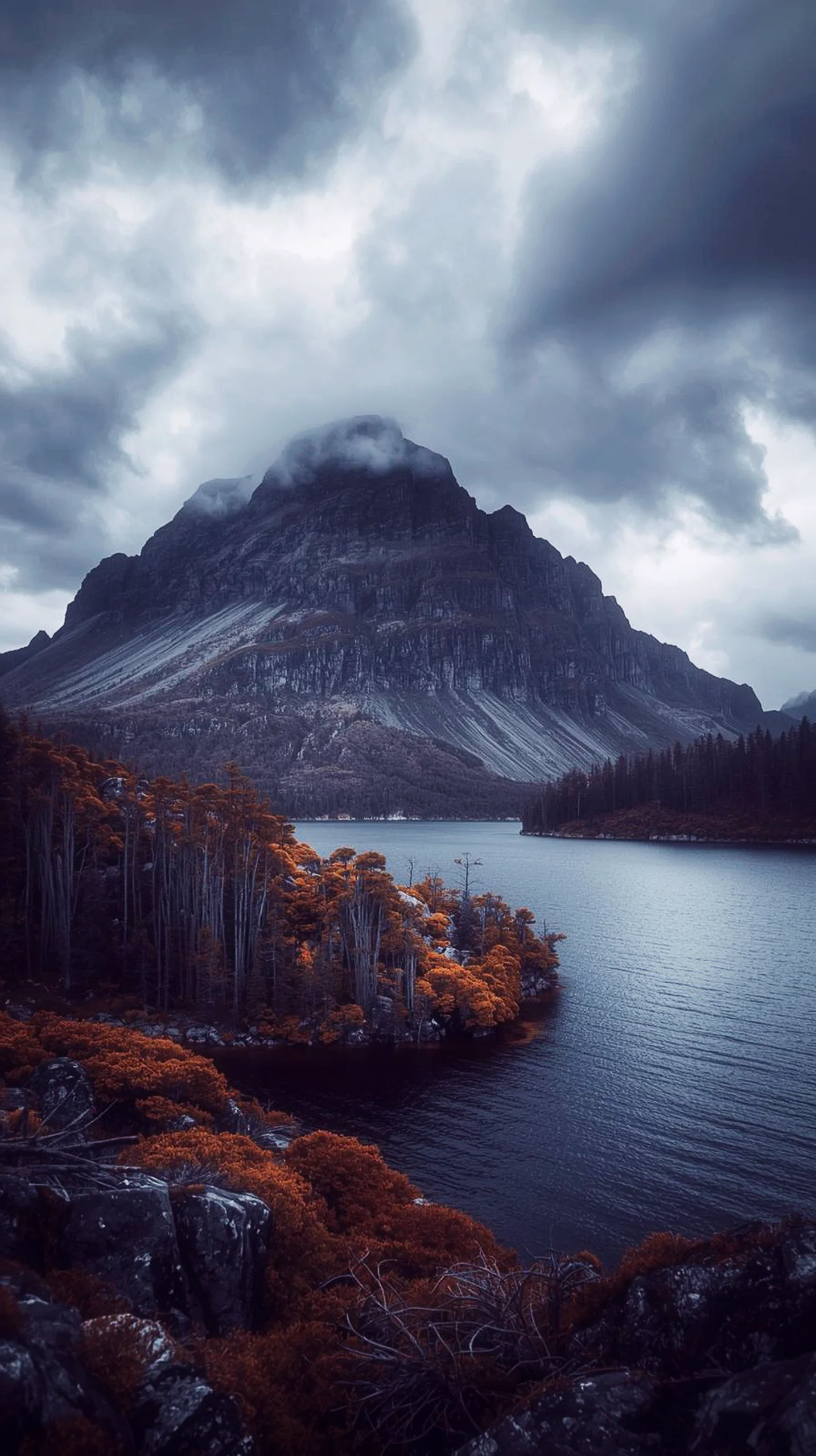 Dramatic mountain lake 4K wallpaper for mobile, perfect iphone wallpaper 4k, stunning 4k backgrounds iphone for phone.