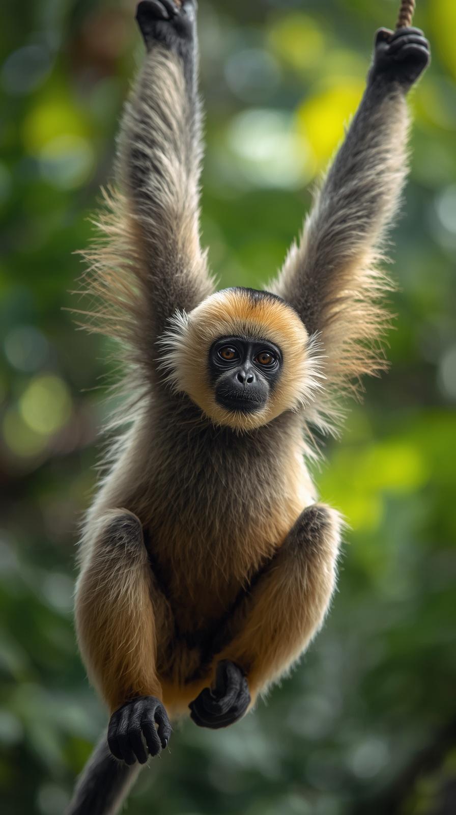 A cute gibbon monkey hanging from a vine in a lush green forest background