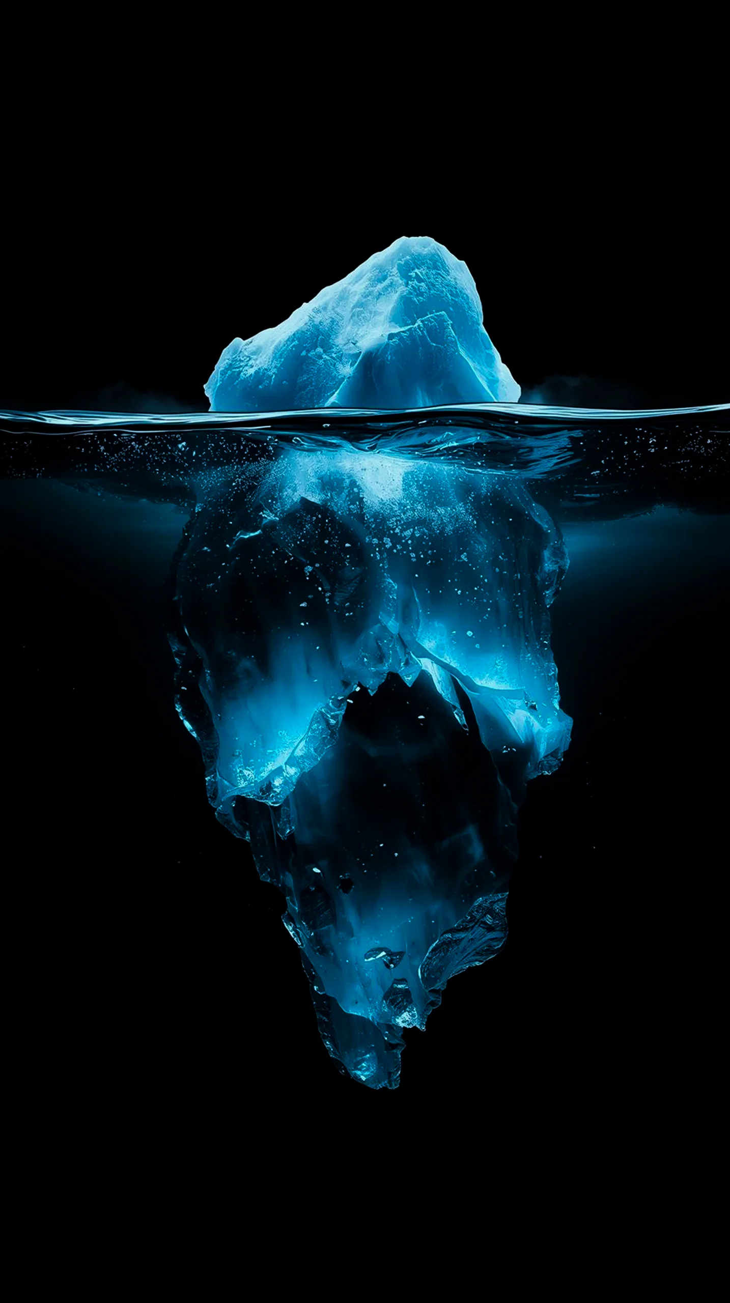 A glowing blue iceberg in dark water, perfect as an amoled wallpaper 4k for mobile, iphone wallpaper 4k, 4k wallpaper