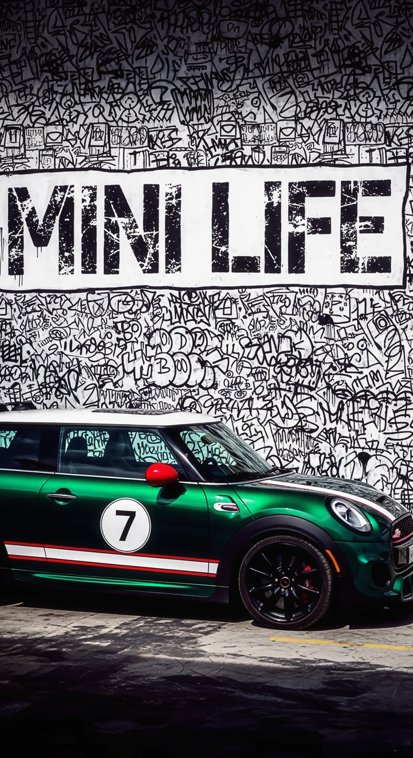 Green Mini Cooper S with 'MINI LIFE' graffiti wall | Car iPhone Wallpaper, Car Wallpaper 4k for Mobile