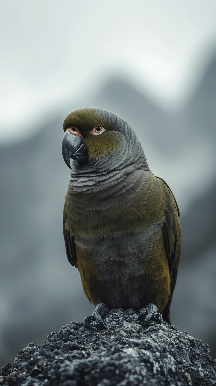 A majestic olive green parrot perched on a rock with a misty background.